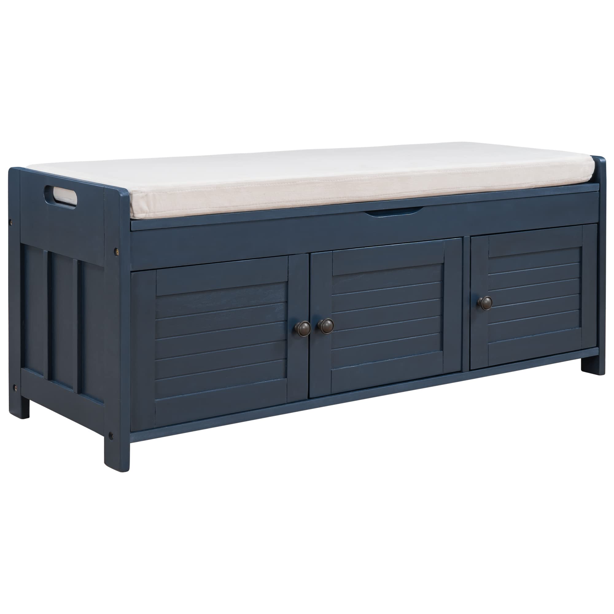 SOFTSEA Shoe Storage Bench with Shutter Doors - Entryway Organizer Bench with Removable Cushion & Hidden Storage Compartment - Perfect for Hallway, Mudroom & Small Space Organization (Antique Navy, Assembly Required)