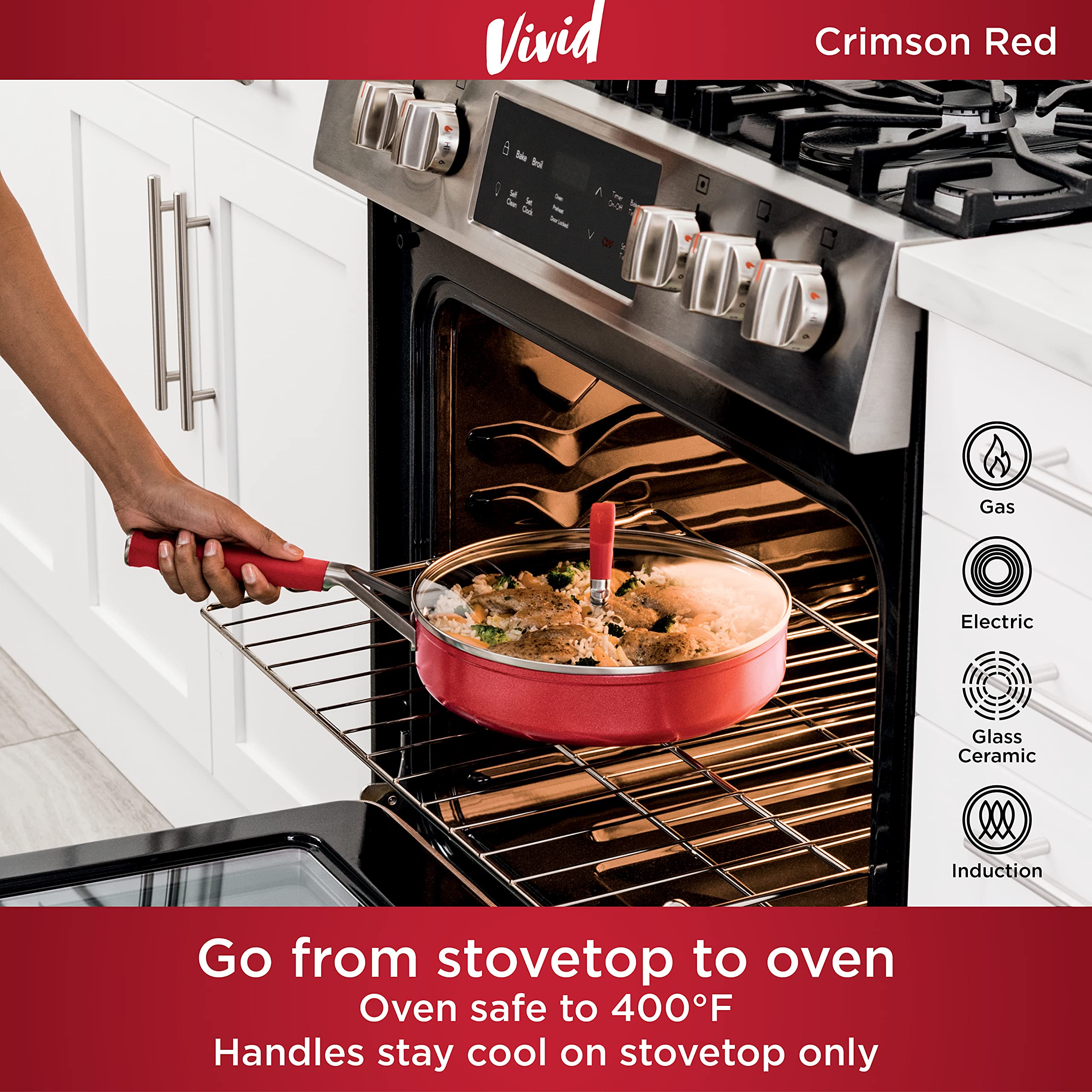 Ninja C20130 Foodi NeverStick Vivid 3-Quart Nonstick Sauté Pan with Glass Lid - Durable, Oven Safe to 400°F, Cool-Touch Handles, Crimson Red - Perfect for Sautéing, Frying & Baking at Home