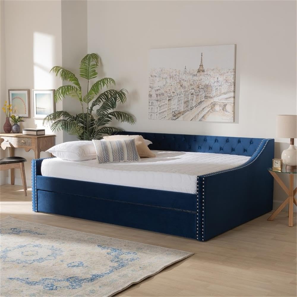 BOWERY HILL Modern Velvet Upholstered Queen Size Daybed with Trundle in Blue - Stylish Sofa Bed for Guest Room, Living Room & Small Space