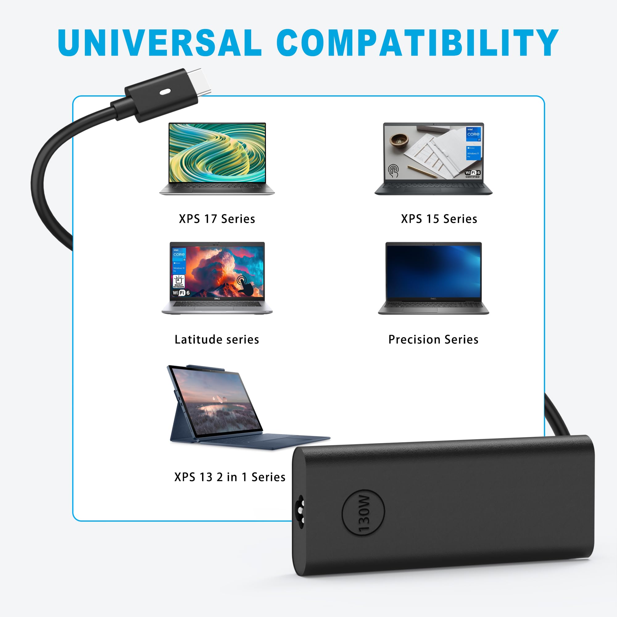 130W USB-C Laptop Charger for Dell XPS 15 2-in-1 9575/XPS 17/Precision 5530 5550 5750 3560 - Compatible with DA130PM170 HA130PM170 0K00F5 K00F5 - Fast Charging AC Adapter Power Cord for Home Office Travel