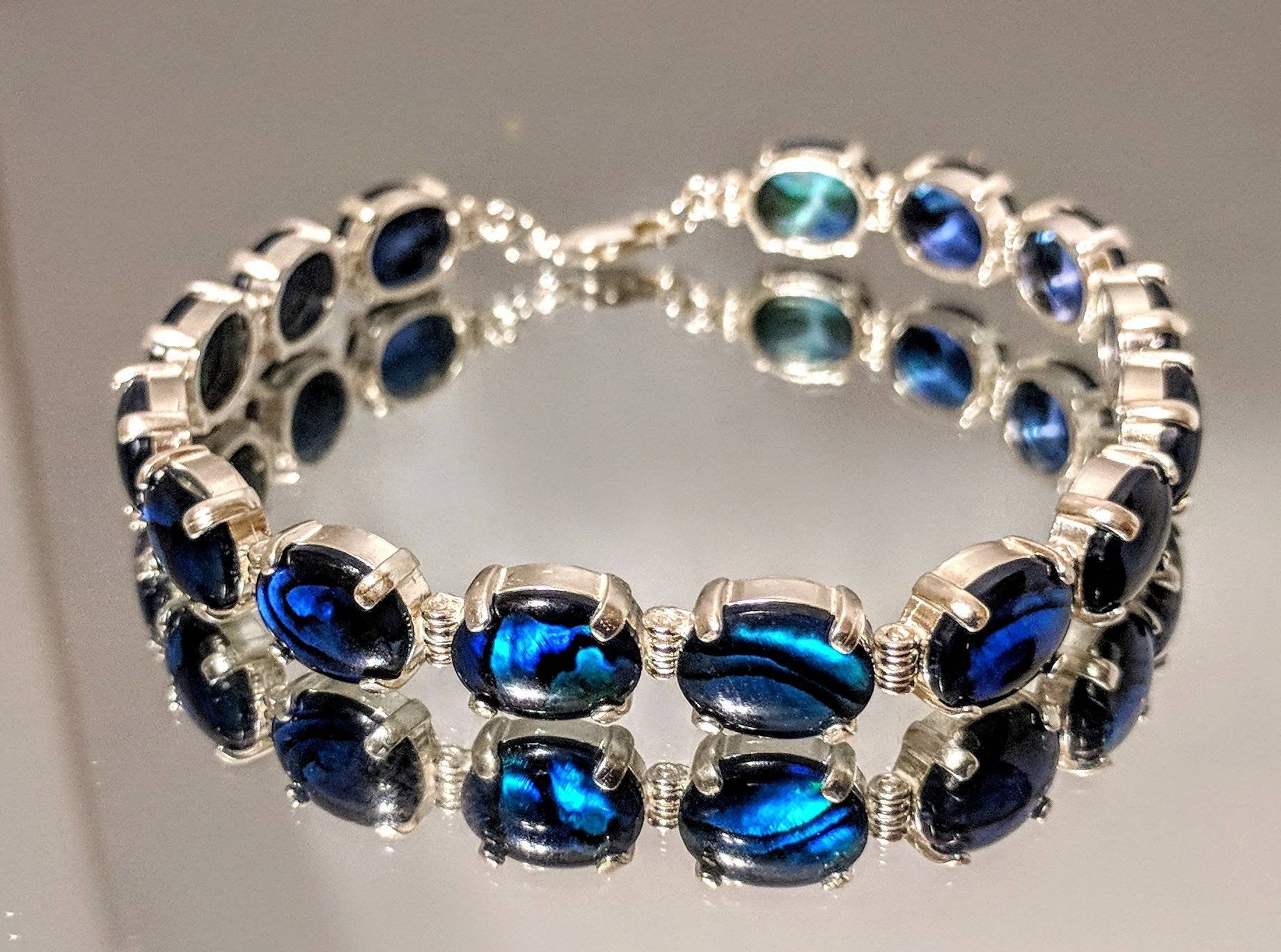 Handmade Solid Sterling Silver Natural Blue & Purple Paua Shell Bracelet - 7 Inch Adjustable Abalone Jewelry, 10x8mm Oval, Customizable Fine Jewelry for Women | Perfect for Beach Weddings, Boho Fashion & Gift Giving