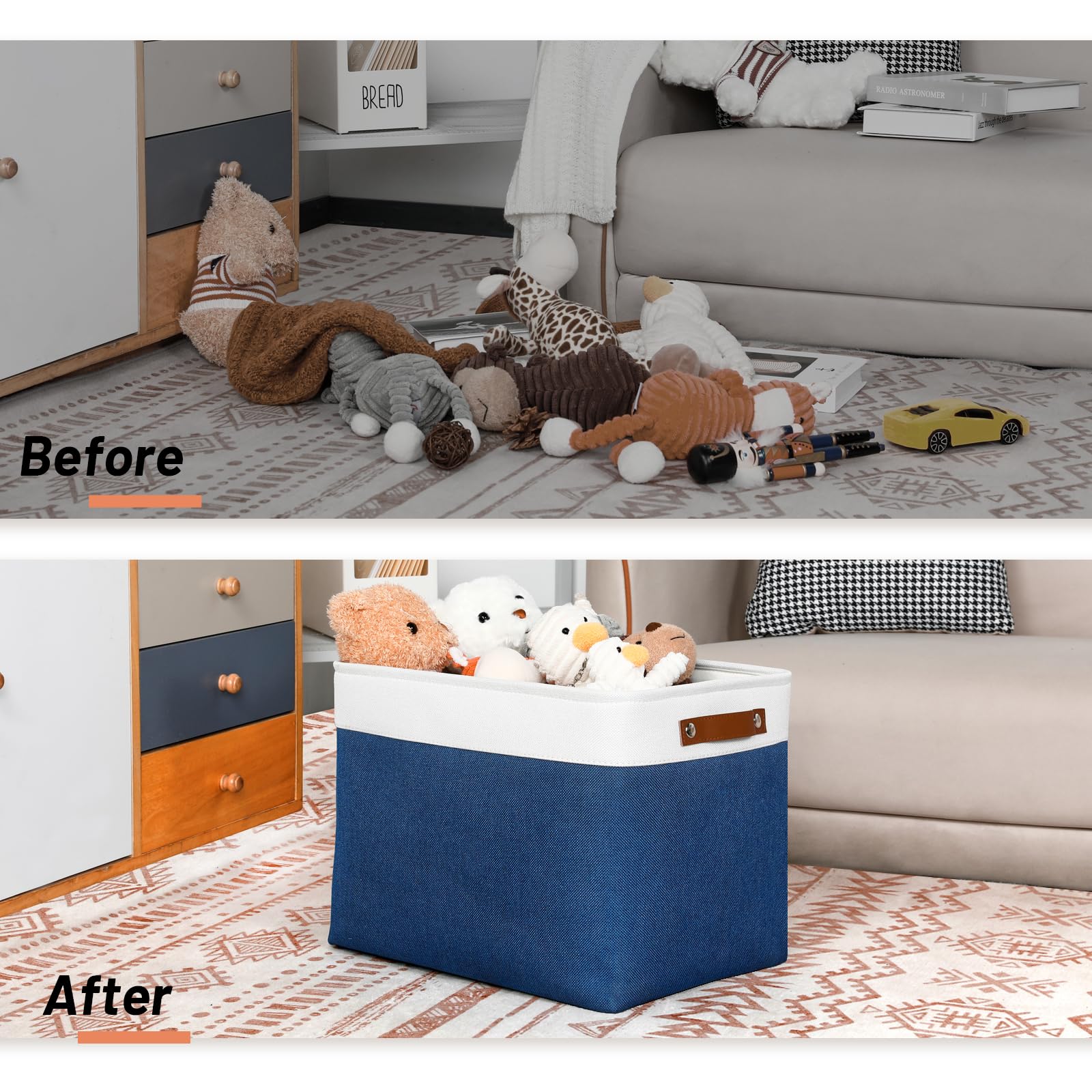 DULLEMELO Storage Baskets with Leather Handles - Home & Office Organizer for Shelves, Toys & Clothes (White & Blue)