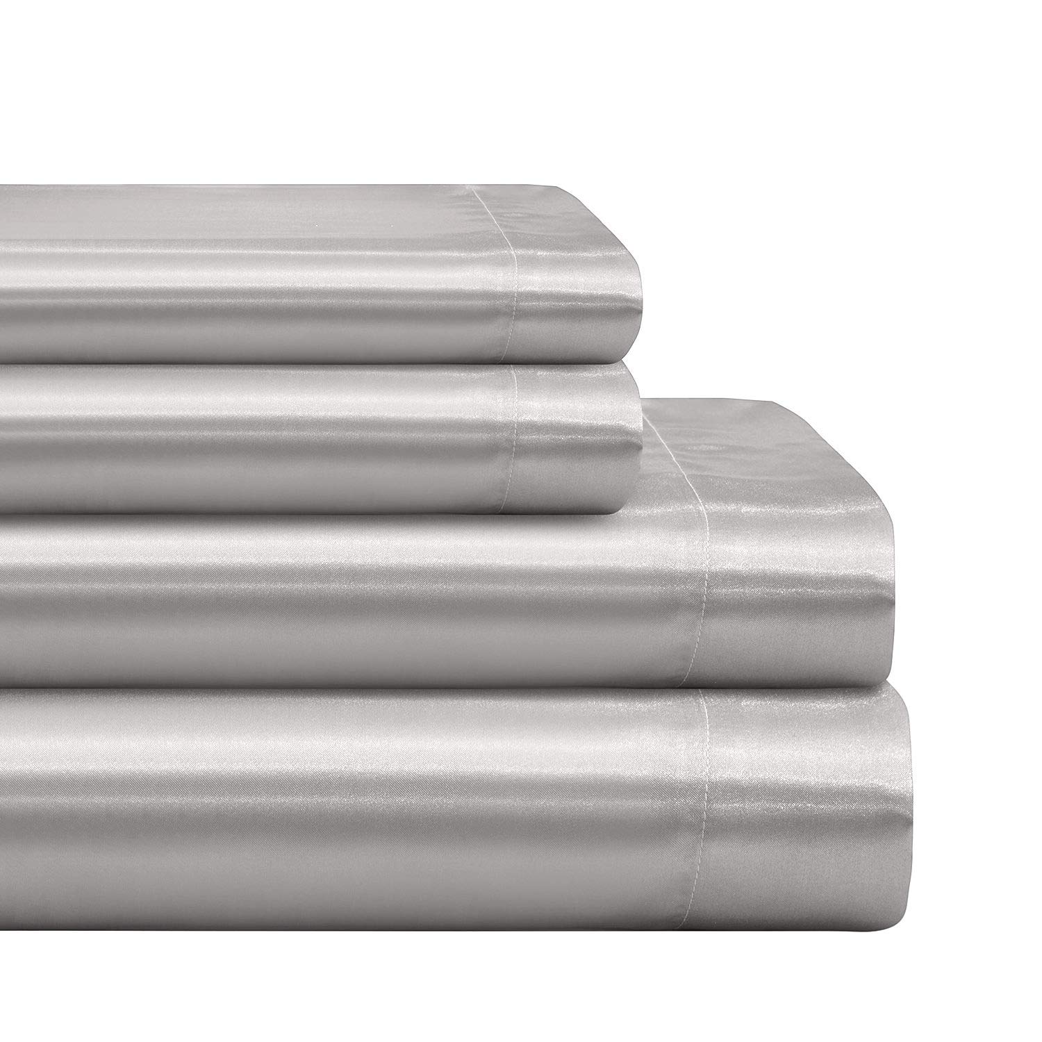 Luxury Satin Sheets Full XL - 4 Piece Set Light Grey - 1200 TC Silky Soft Bedding - Deep Pocket 8-10 Inch - Wrinkle, Fade & Stain Resistant - Fitted Sheet, Flat Sheet, Pillowcases - Perfect for Hotels, Guest Rooms & Upscale Bedrooms
