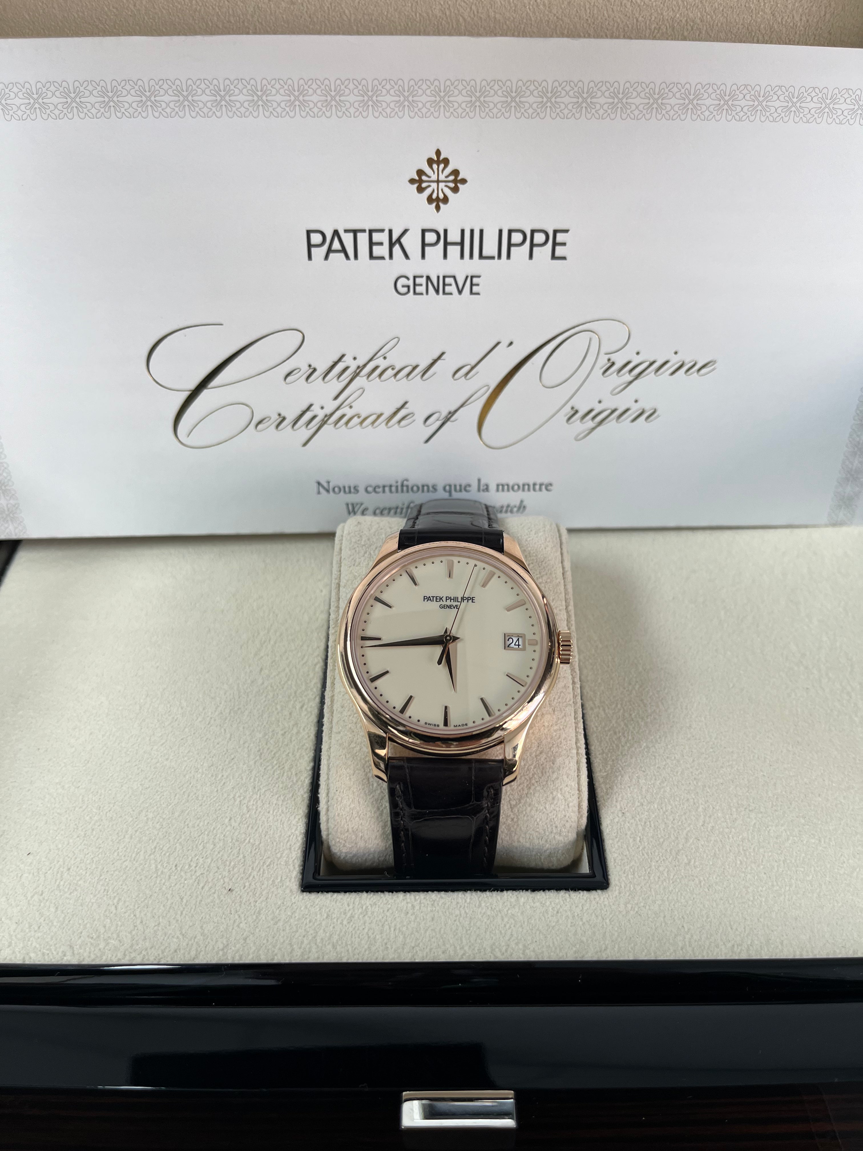 Patek Philippe Calatrava 5227R-001 Men's Watch - Ivory Lacquered Dial, Rose Gold Case, Brown Alligator Strap - Luxury Dress Watch for Business & Formal Occasions