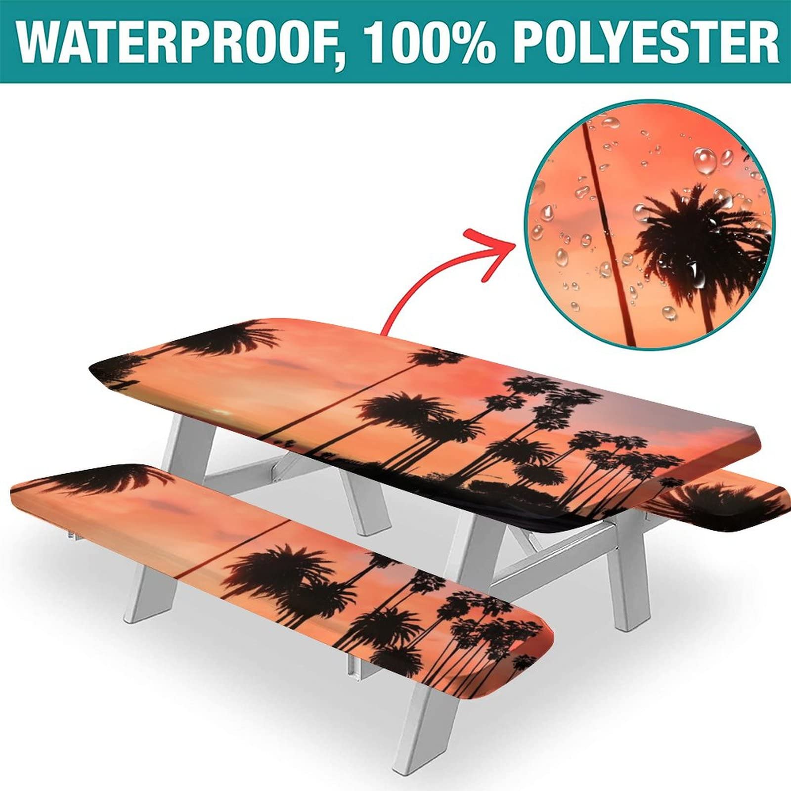 Tropical Sunset Coconut Palm Picnic Table Cover with Bench Covers - 3-Piece Waterproof Outdoor Camping Set (72x28 Inches) for Beach Parties, Backyard BBQs & Indoor Holiday Gatherings