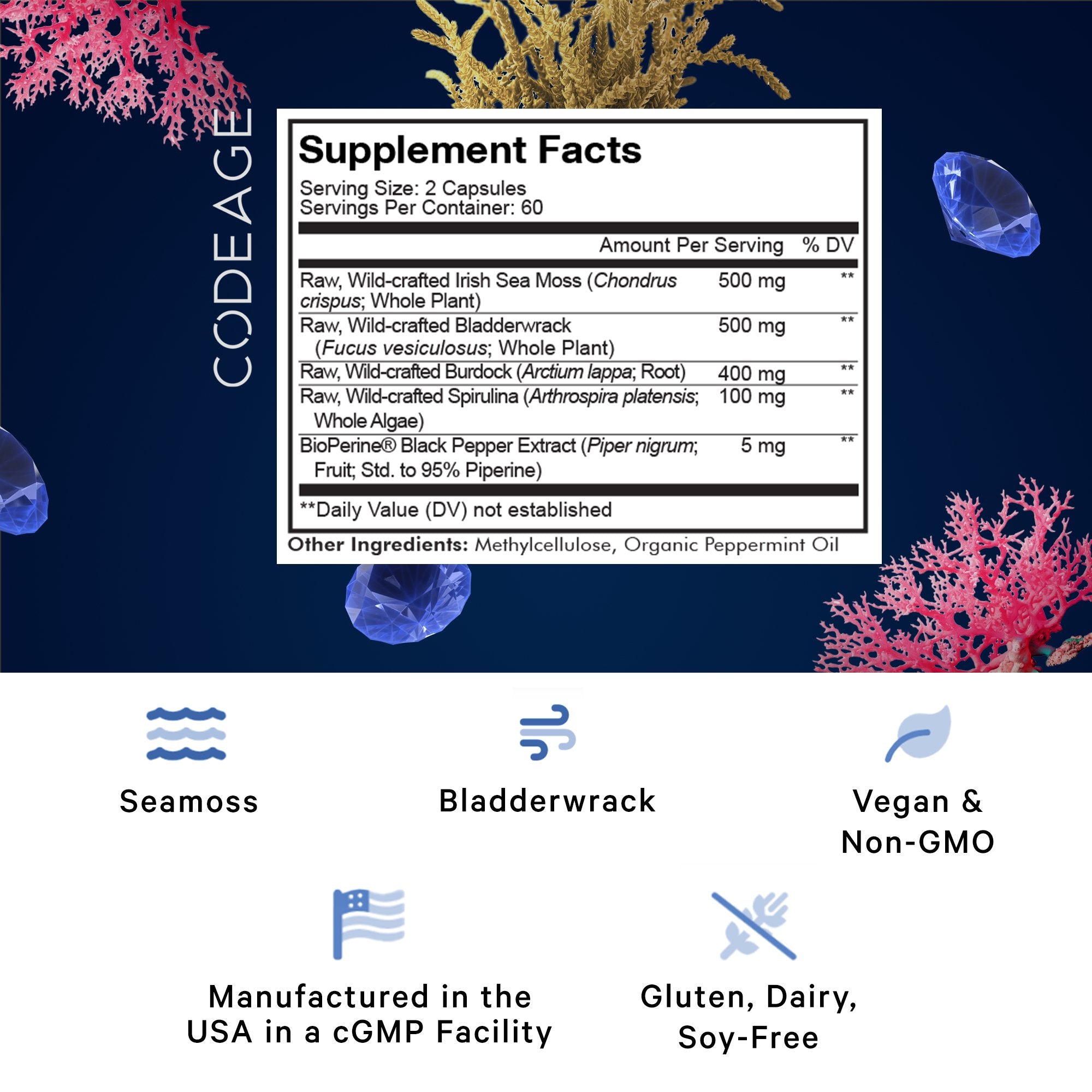 Codeage Wildcrafted Sea Moss Supplement - Organic Irish Moss Capsules for Immune Support, Digestion & Skin Health - Vegan, Non-GMO, Gluten-Free - Perfect for Smoothies, Teas & Wellness Routines