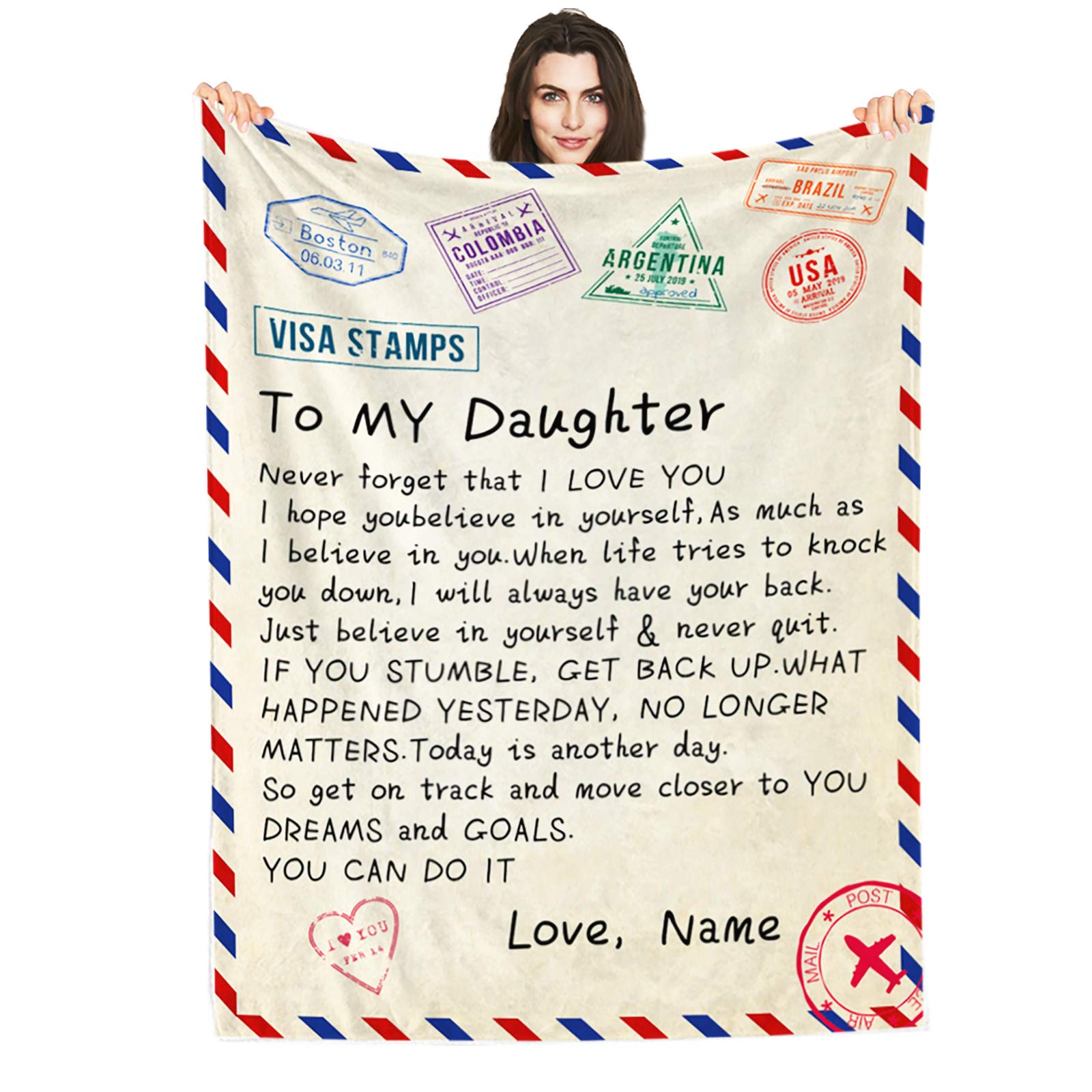 Personalized Custom Name Blanket - Love Letter to My Daughter from Dad & Mom - Air Mail Design - 50x60 Inches Soft Fleece Throw - Perfect for Gifts, Nursery Decor, and Cozy Family Moments