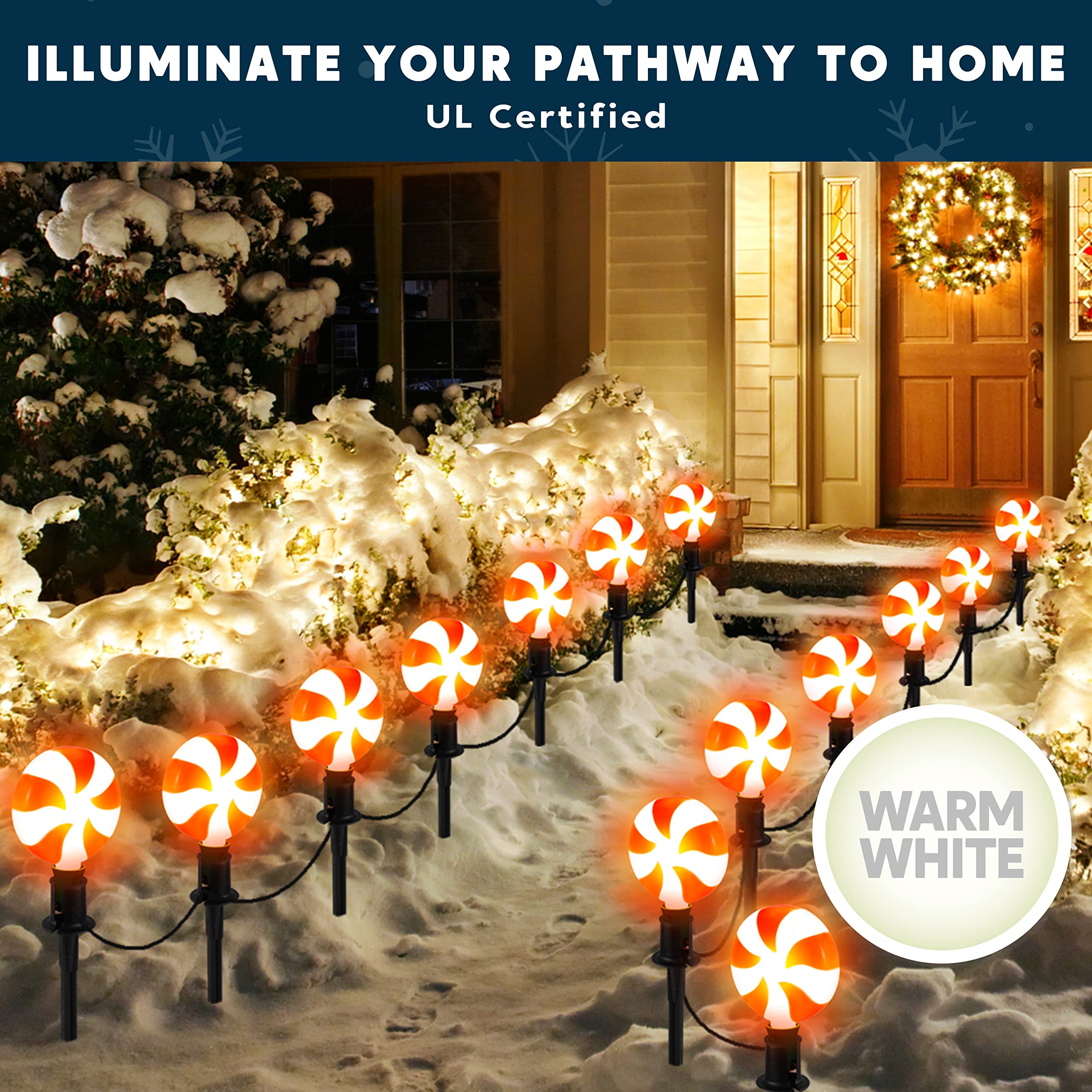 Joiedomi 14-Piece Christmas Lollipop Pathway Lights Outdoor - 14.3 FT Plug-in Peppermint Walkway String Lights with Stakes & Clips for Holiday Yard Decorations | Waterproof, Hangable & Pluggable | Perfect for Driveways, Gardens & Christmas Displays