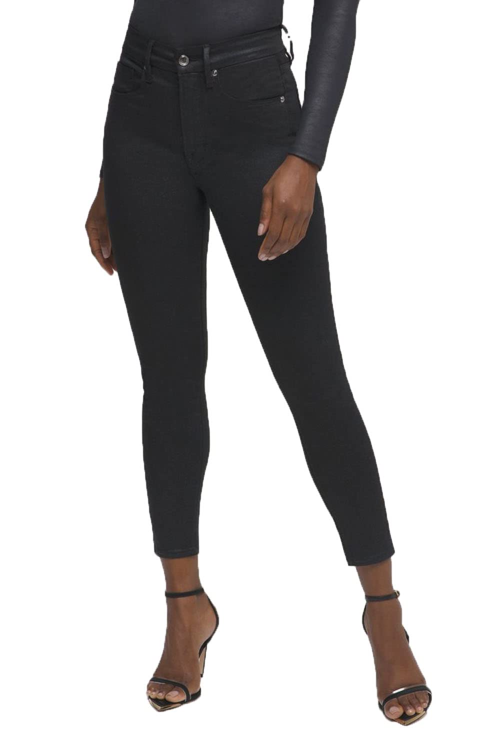GOOD AMERICAN Women's High Rise Super Skinny Jeans - Black Glitter Distressed Crop Denim Pants for Casual Wear & Night Out