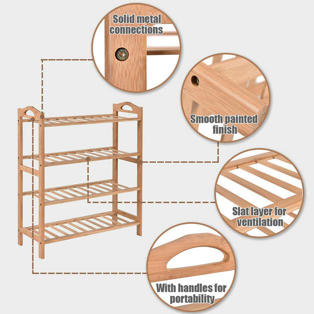 4-Tier Bamboo Shoe Rack Organizer - Natural Wood Entryway Storage Shelf (27