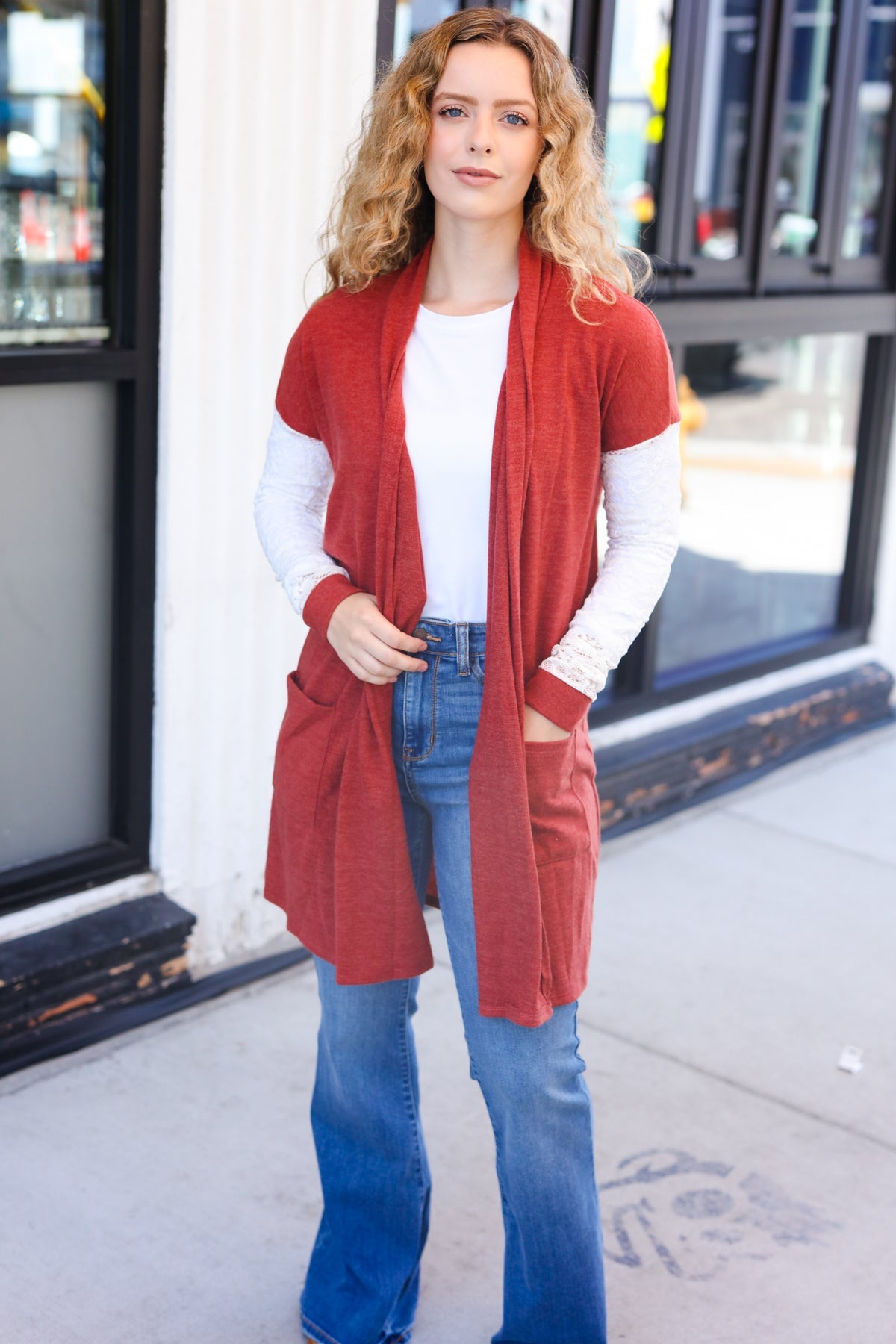 Stylish Rust Lace Sleeve Hacci Cardigan with Front Pocket - Perfect for Casual Days, Coffee Dates & Fall Layering