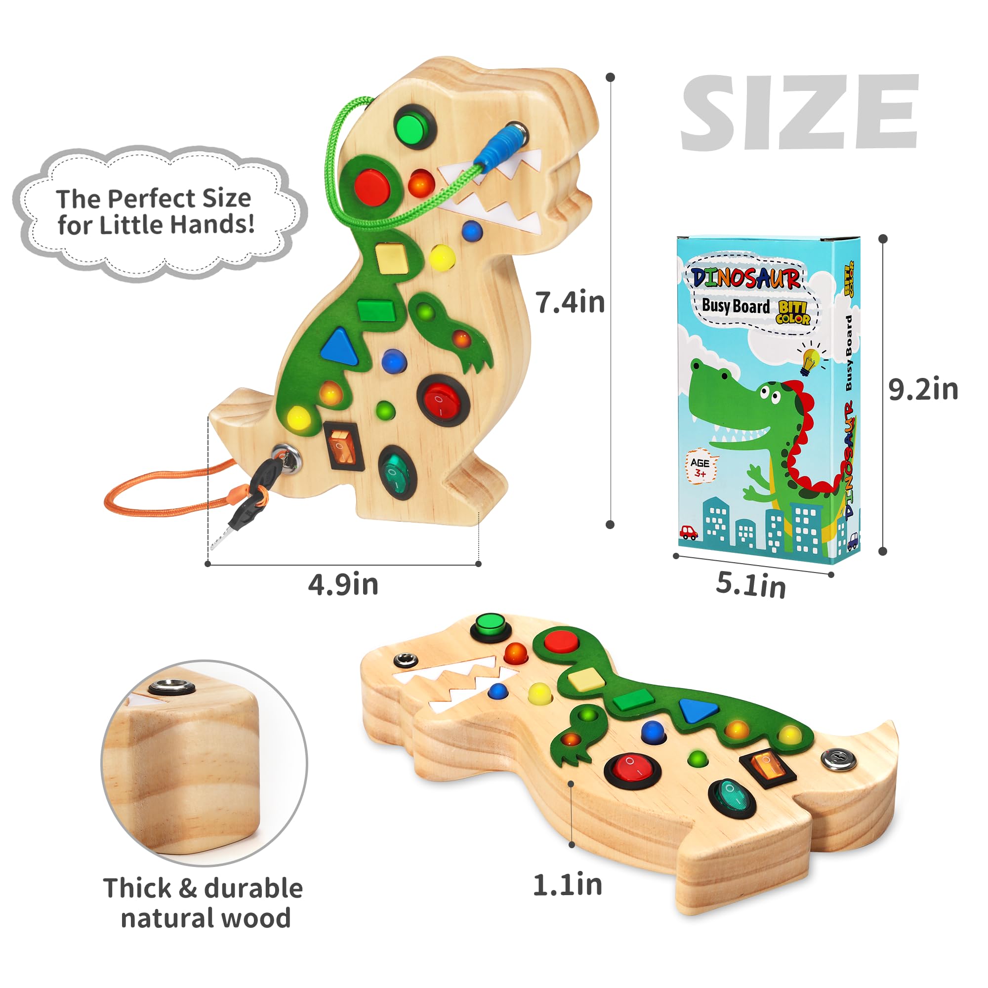 Montessori Busy Board Toy for Toddlers - Wooden Dinosaur Sensory Activity Board with 10 LED Light Switches | Travel Toy for Boys & Girls | Perfect for Airplane, Car Rides & Early Learning Development