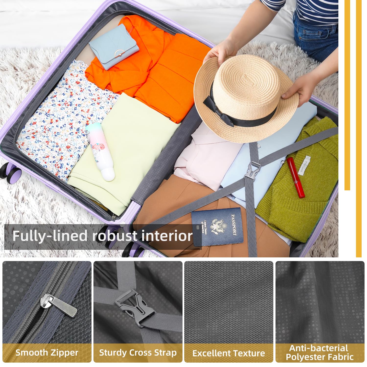 3-Piece Lavender Luggage Set with Travel Backpack - Hardside PP Carry-On Suitcase, 360° Spinner Wheels & TSA Lock - Perfect for Women's Travel, Business Trips & Vacations