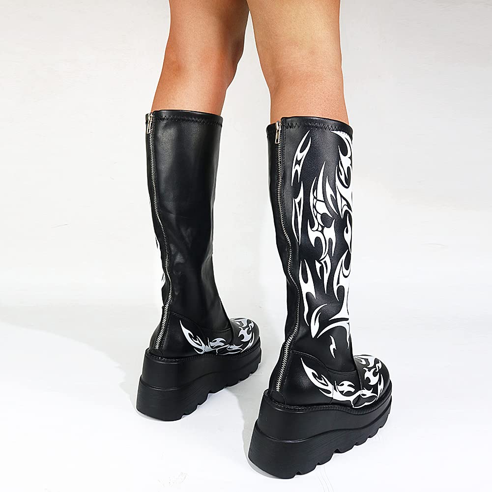 Erocalli Women's Gothic Platform Wedge Heel Mid Calf Boots - Combat Motorcycle Boots for Punk Fashion, Night Out & Cosplay