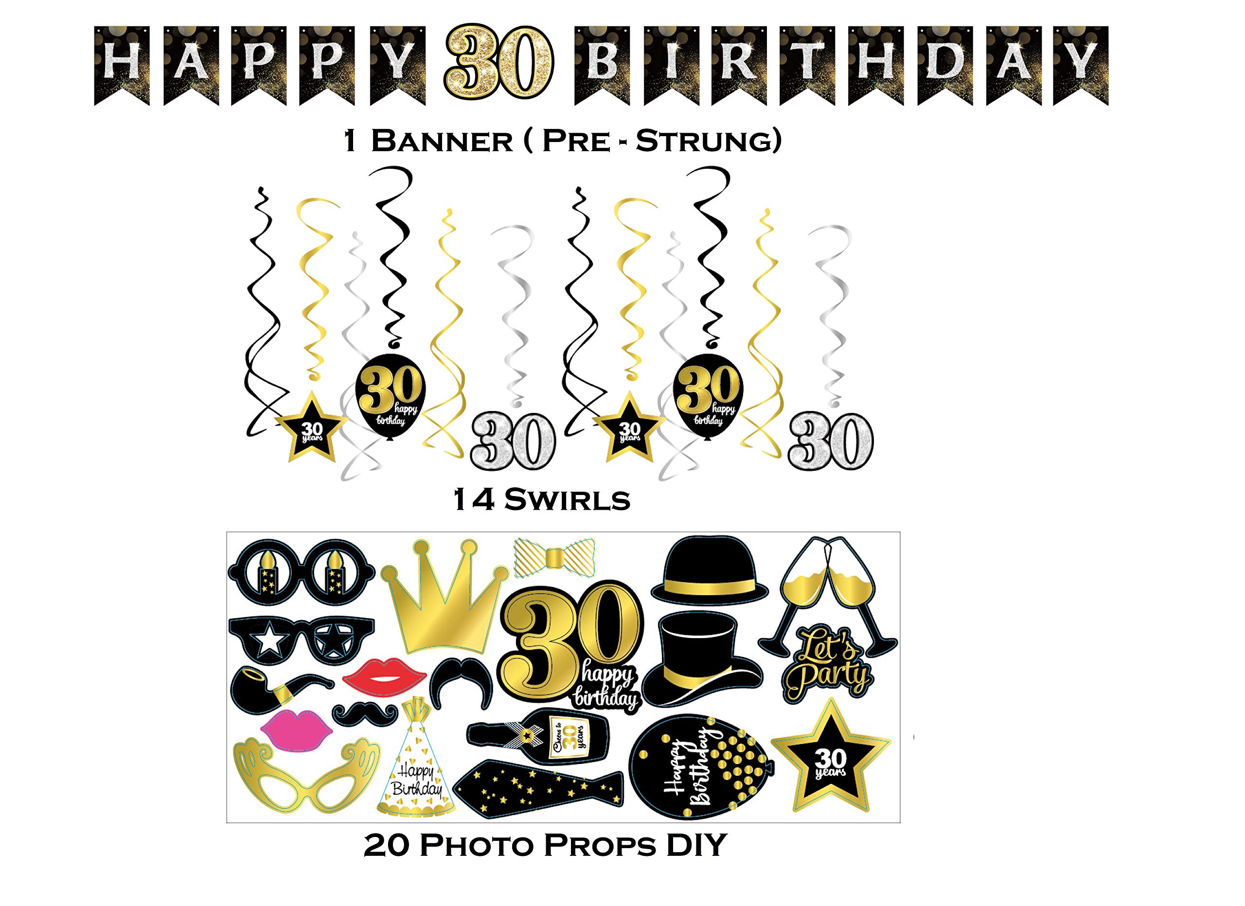 30th Birthday Party Supplies Set - 9 Inch Dinner Plates, 7 Inch Dessert Plates, 12oz Cups & 3-Ply Napkins with Swirl Design - Includes Cake Topper & Number 30 Candle - Perfect for Milestone Celebrations, Anniversary Parties & Special Occasions