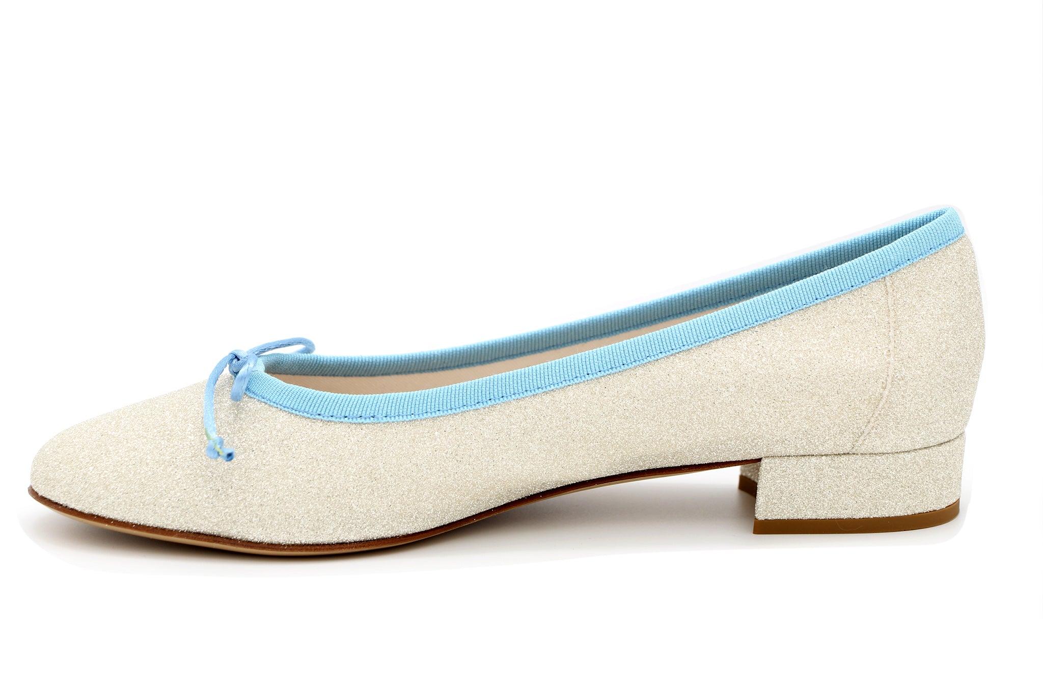 FABUCCI Women's Silver Shimmer Ballet Flats with Blue Trim - Comfortable & Stylish for Casual Wear, Office, and Parties