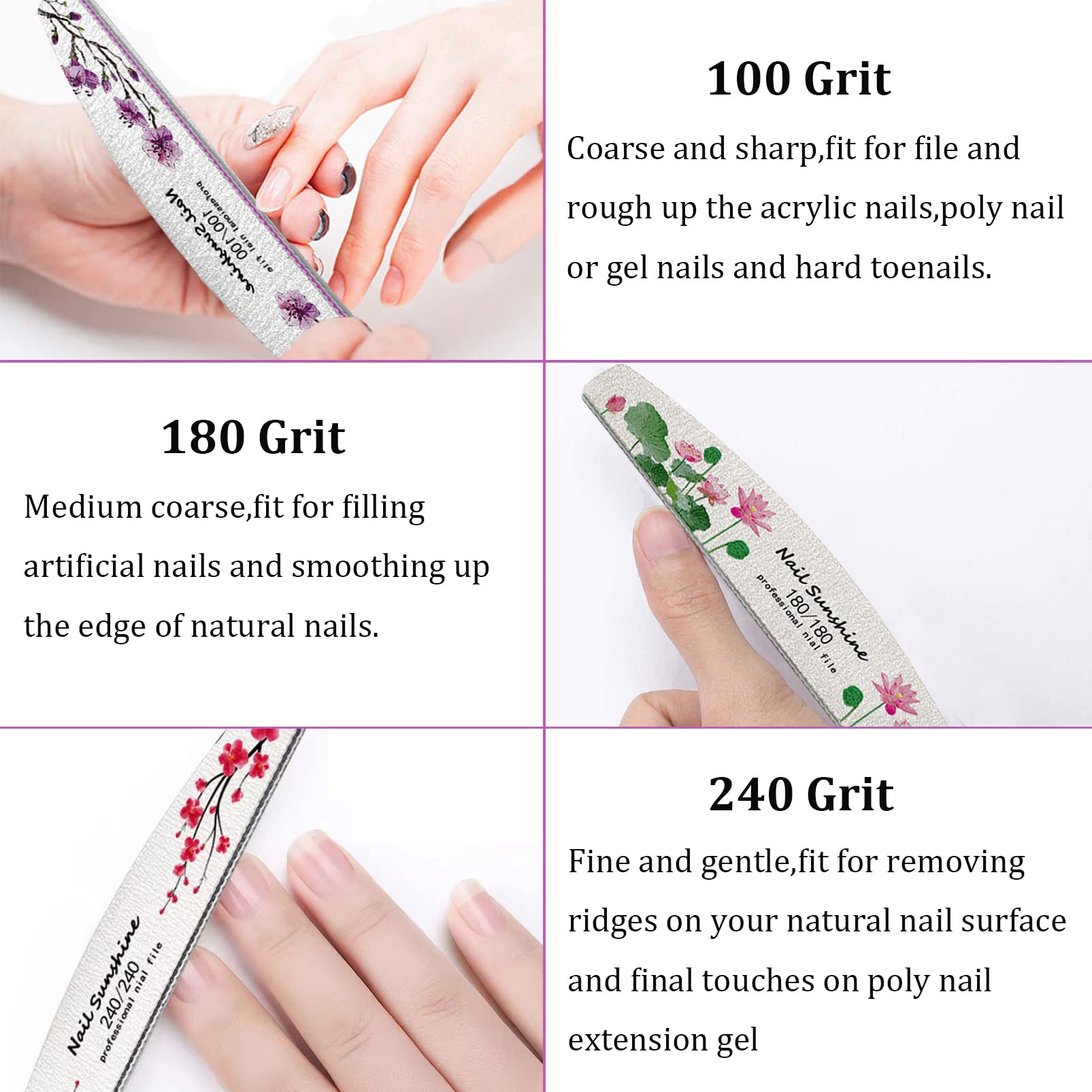 12PCS Professional Nail File Set - Half Moon Nail Buffer Files with Double-Sided 100/180/240 Grit Emery Boards for Natural Nails & Extensions | Manicure & Pedicure Kit for Home & Salon Use