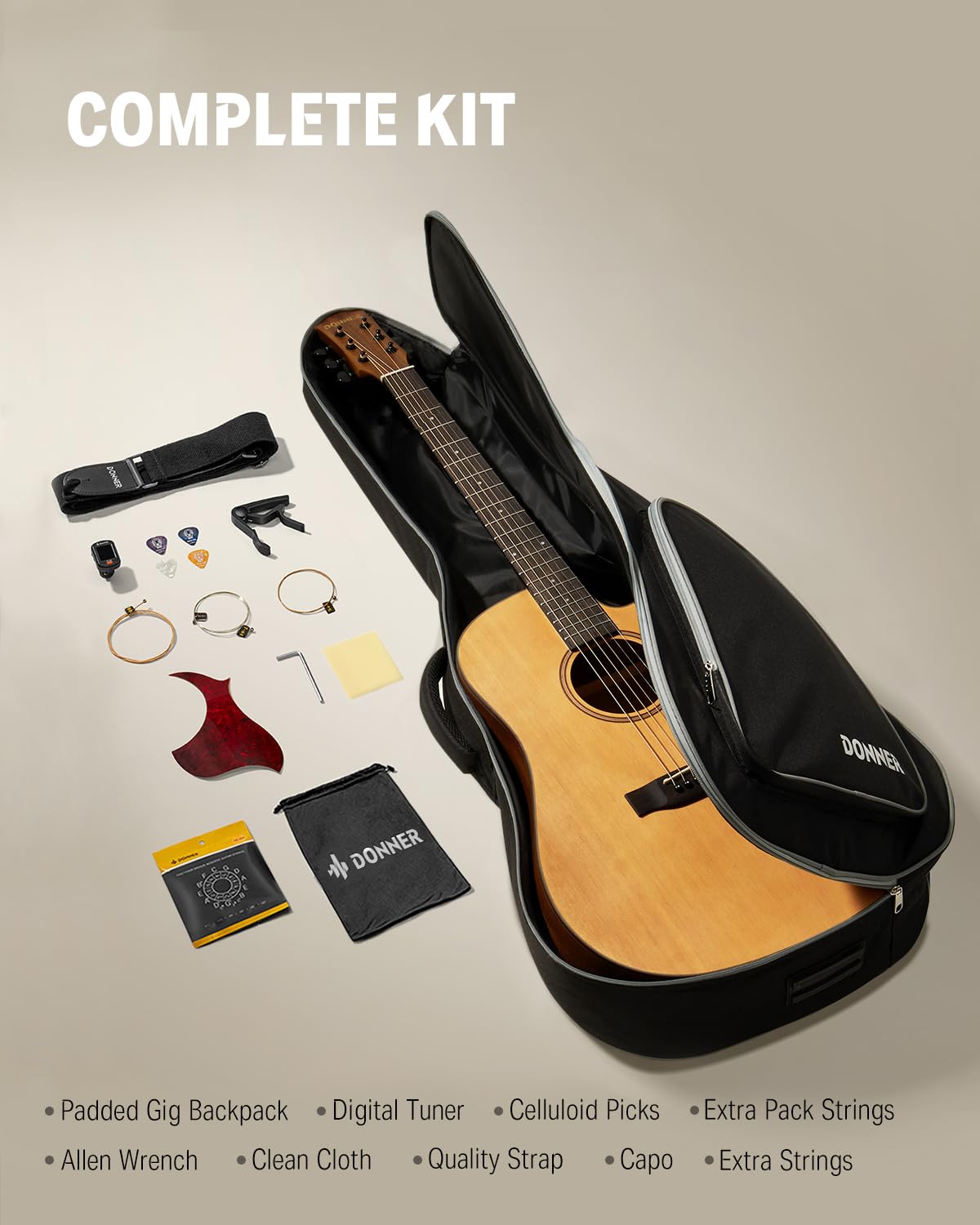 **Donner 41” Full Size Acoustic Guitar Bundle for Beginners & Adults – 4/4 Steel String Cutaway Guitar with Gig Bag, Tuner, Strap, Picks, Capos & Online Lessons – Perfect for Home Practice, Camping & Travel (Natural, DAG-1C/DAD-110C)**