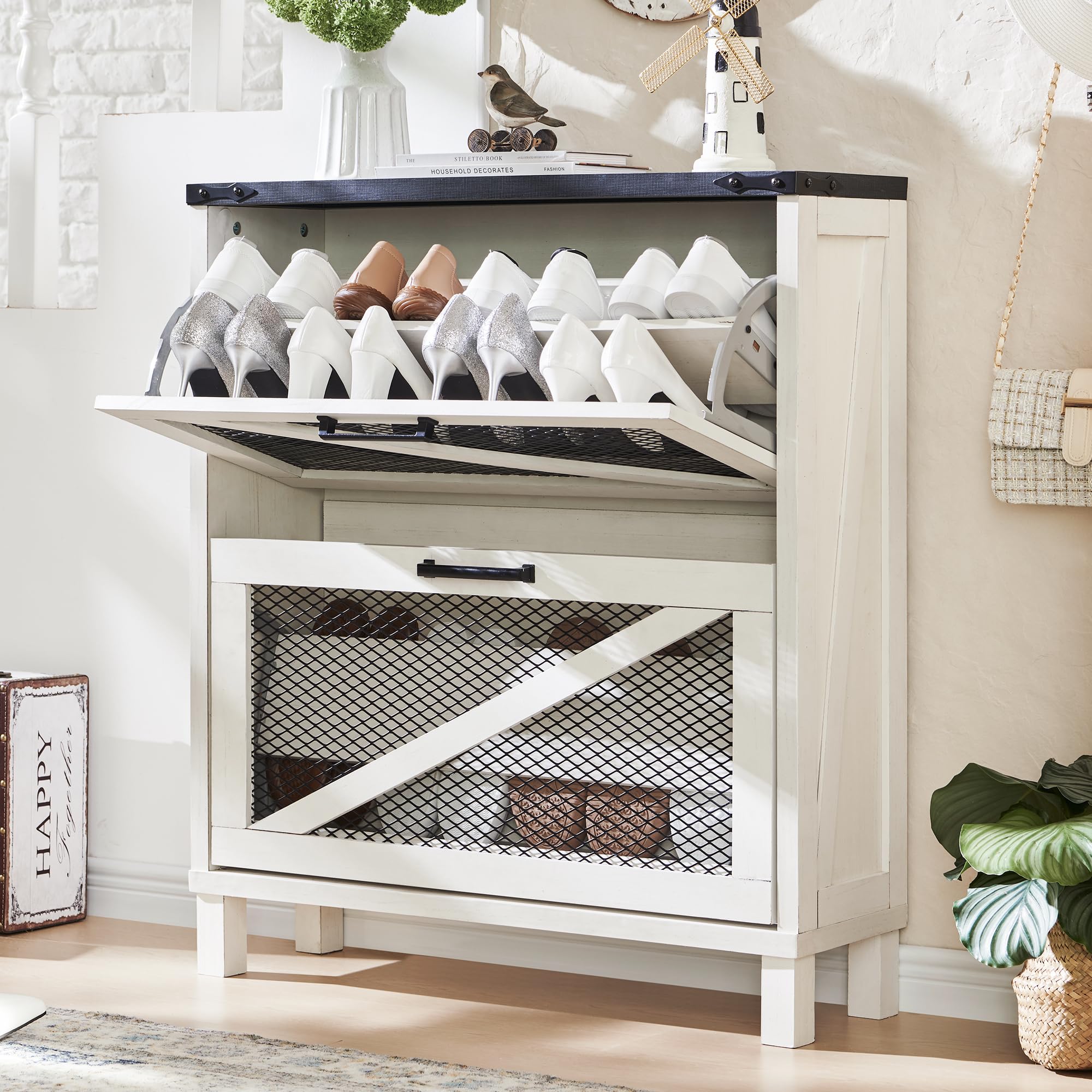 Farmhouse Shoe Cabinet with 2 Flip Drawers - Rustic Wooden Shoe Organizer with Mesh Doors & Adjustable Shelves - Entryway Shoe Storage for Small Spaces - Perfect for Hallway, Closet or Mudroom Organization (White)
