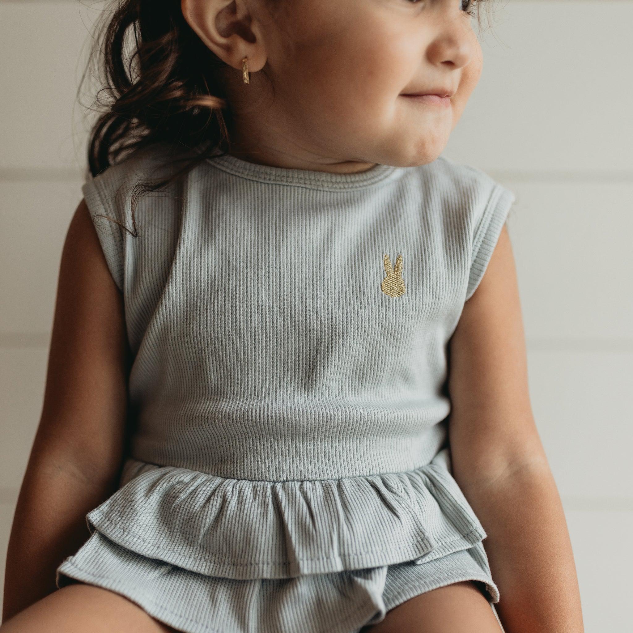 Organic Cotton Ruffle Waist Romper for Baby Girls - Pearl Blue | Soft & Comfortable One-Piece Outfit | Perfect for Playtime, Photo Shoots & Special Occasions
