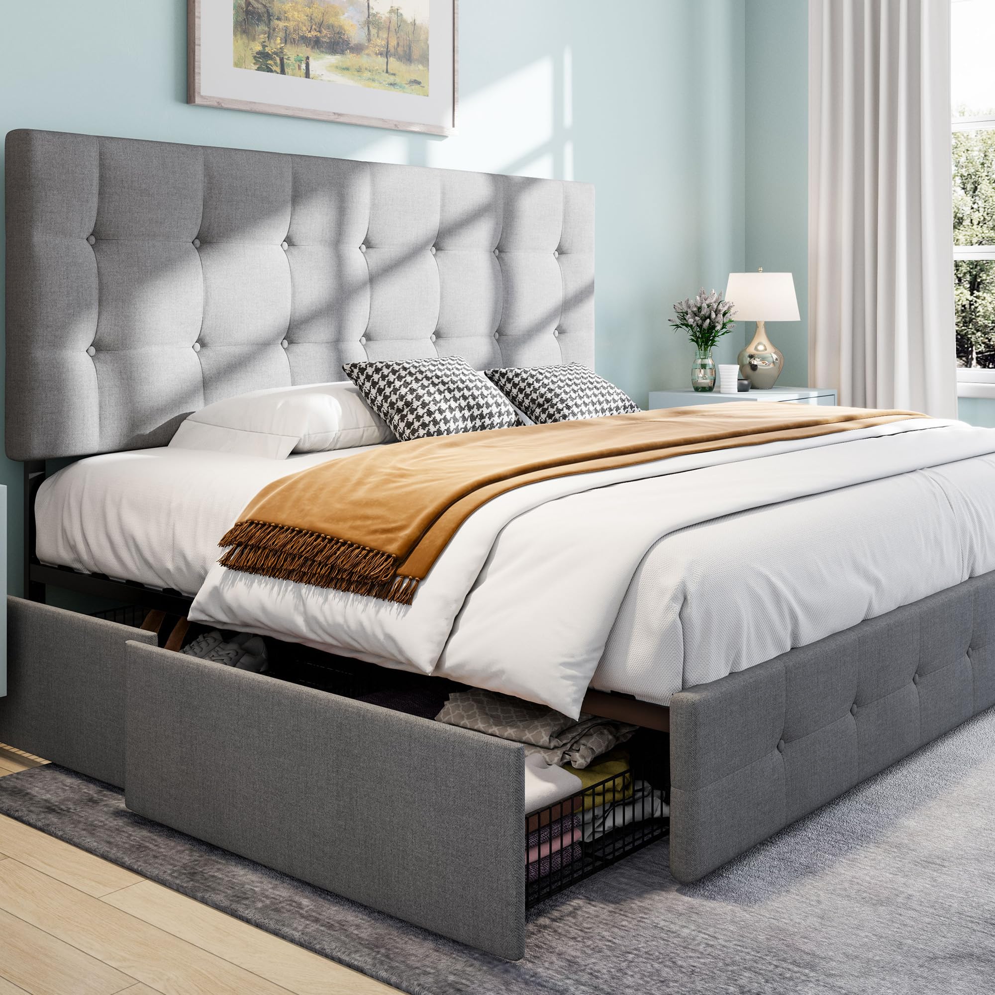 SHA CERLIN Upholstered King Size Platform Bed Frame with 4 Storage Drawers - Adjustable Headboard, Square Stitched Button Tufted Design & Wooden Slat Support - No Box Spring Needed - Light Grey - Perfect for Master Bedroom, Guest Room & Small Space Storage Solutions