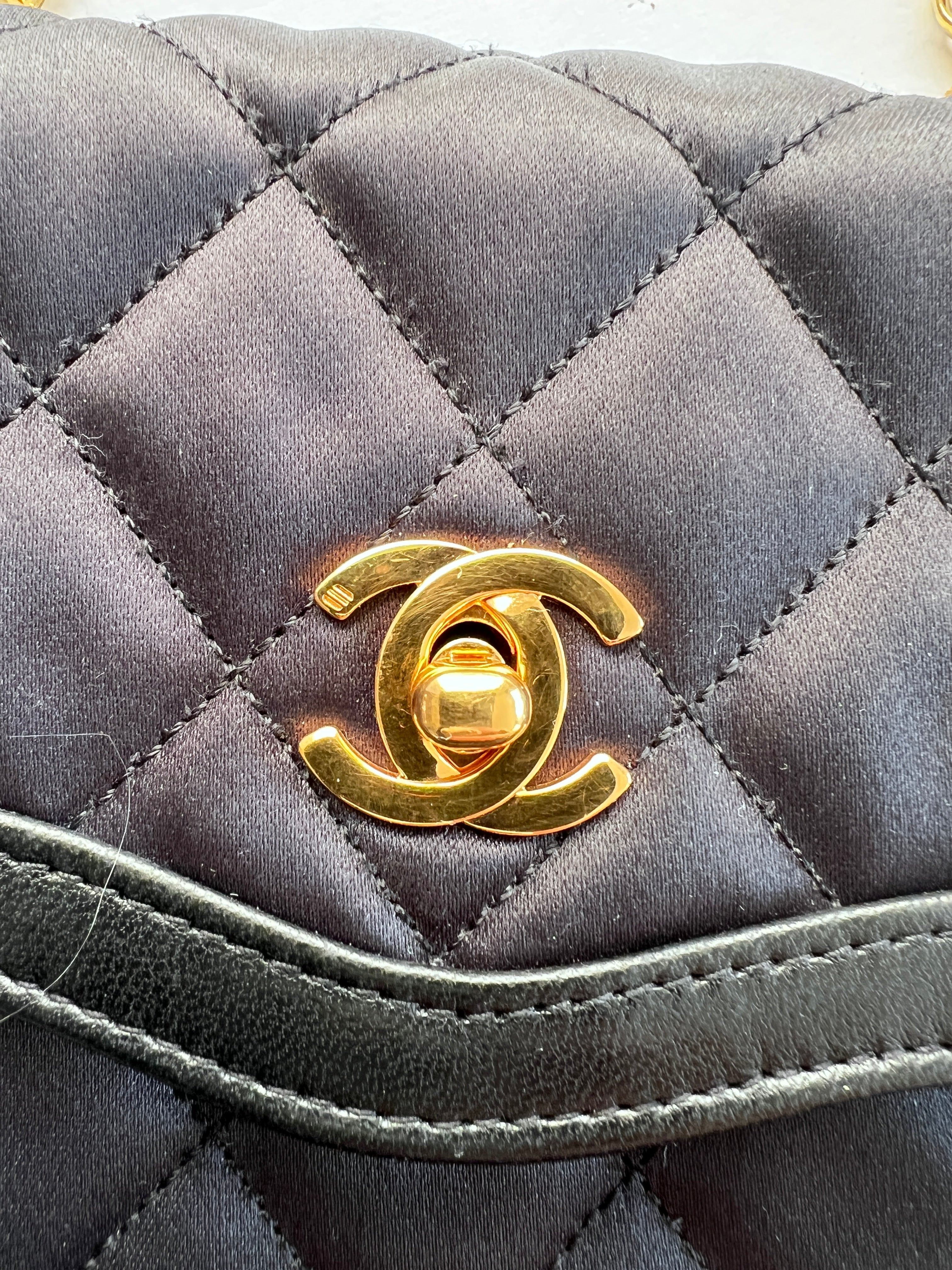 Vintage Chanel Satin & Leather Flap Bag with Card Holder - Luxury Designer Crossbody Purse for Women, Perfect for Evening Parties & Special Occasions