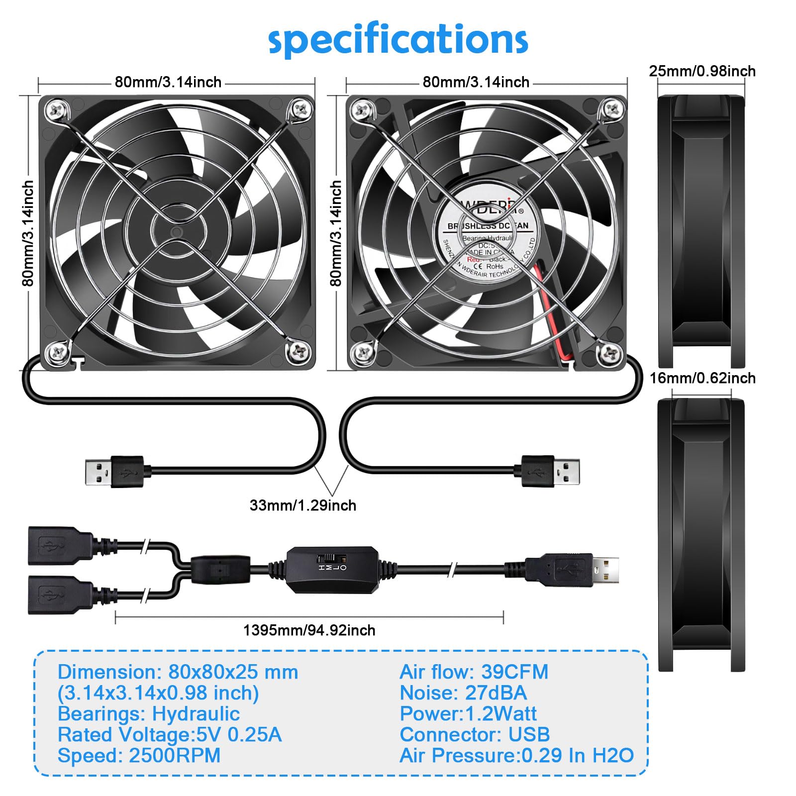 80mm USB PC Case Cooling Fan - Quiet 5V with Speed Controller (2-Pack) for Gaming & Office Desktops