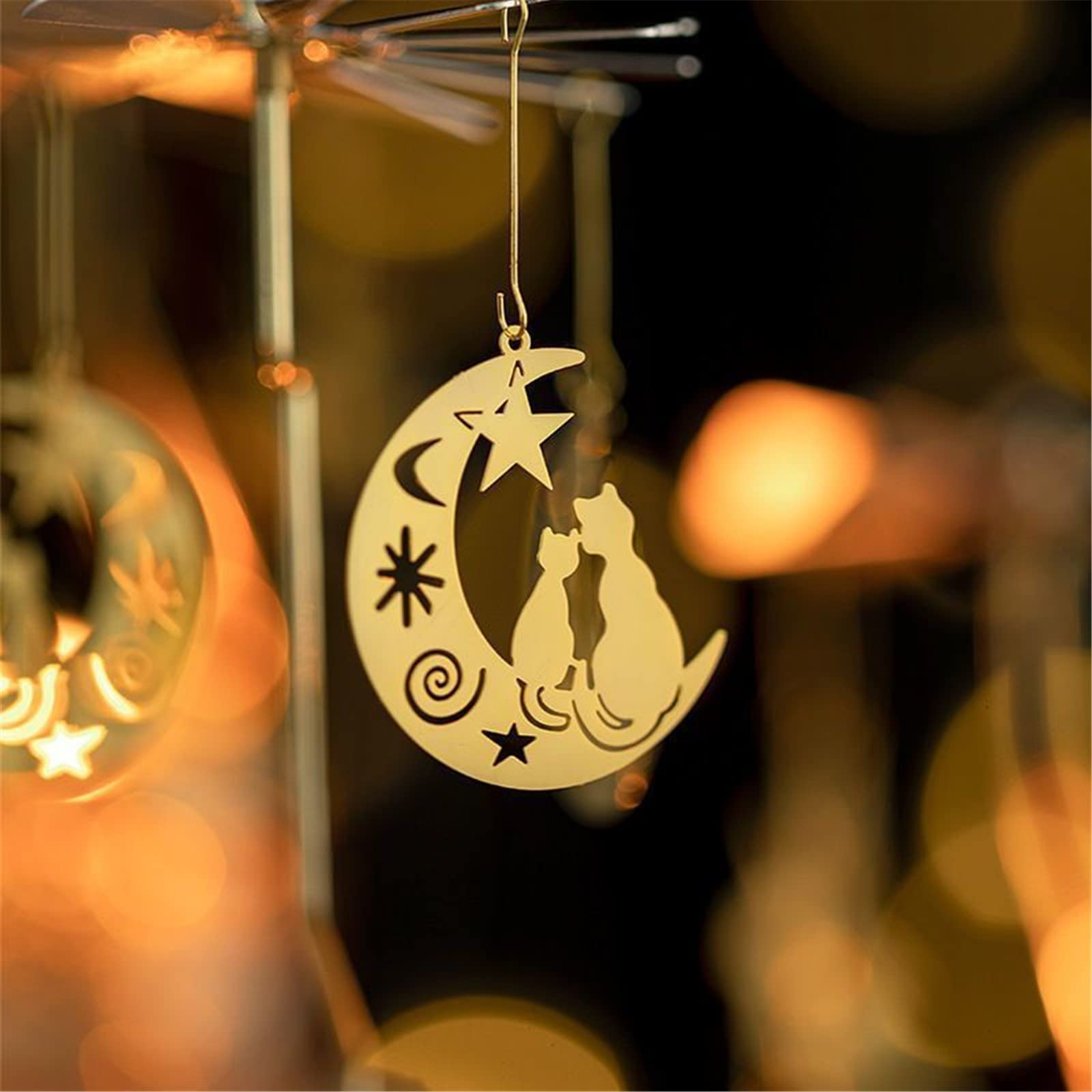 Gold Rotating Metal Tealight Candle Holder - Moon Cat Design for Christmas, Valentine's Day, Wedding & Party Table Decor | Romantic Home Decor, Centerpiece for Dining Table, Holiday Gift Idea