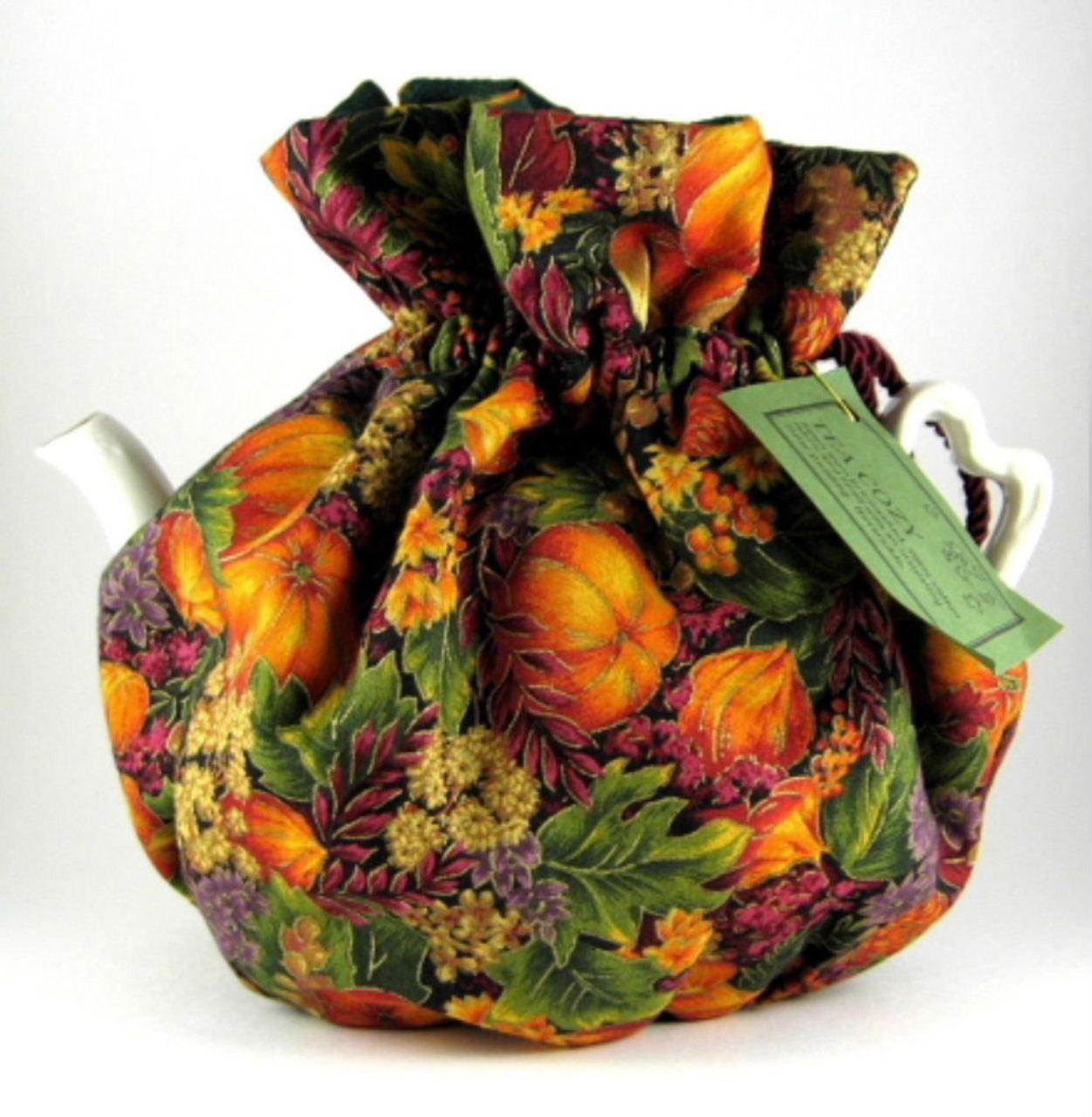 Handmade Reversible Tea Cozy with Padded Fall Fruit Flowers Design in Purple and Green - Perfect for Autumn Tea Parties and Cozy Home Decor