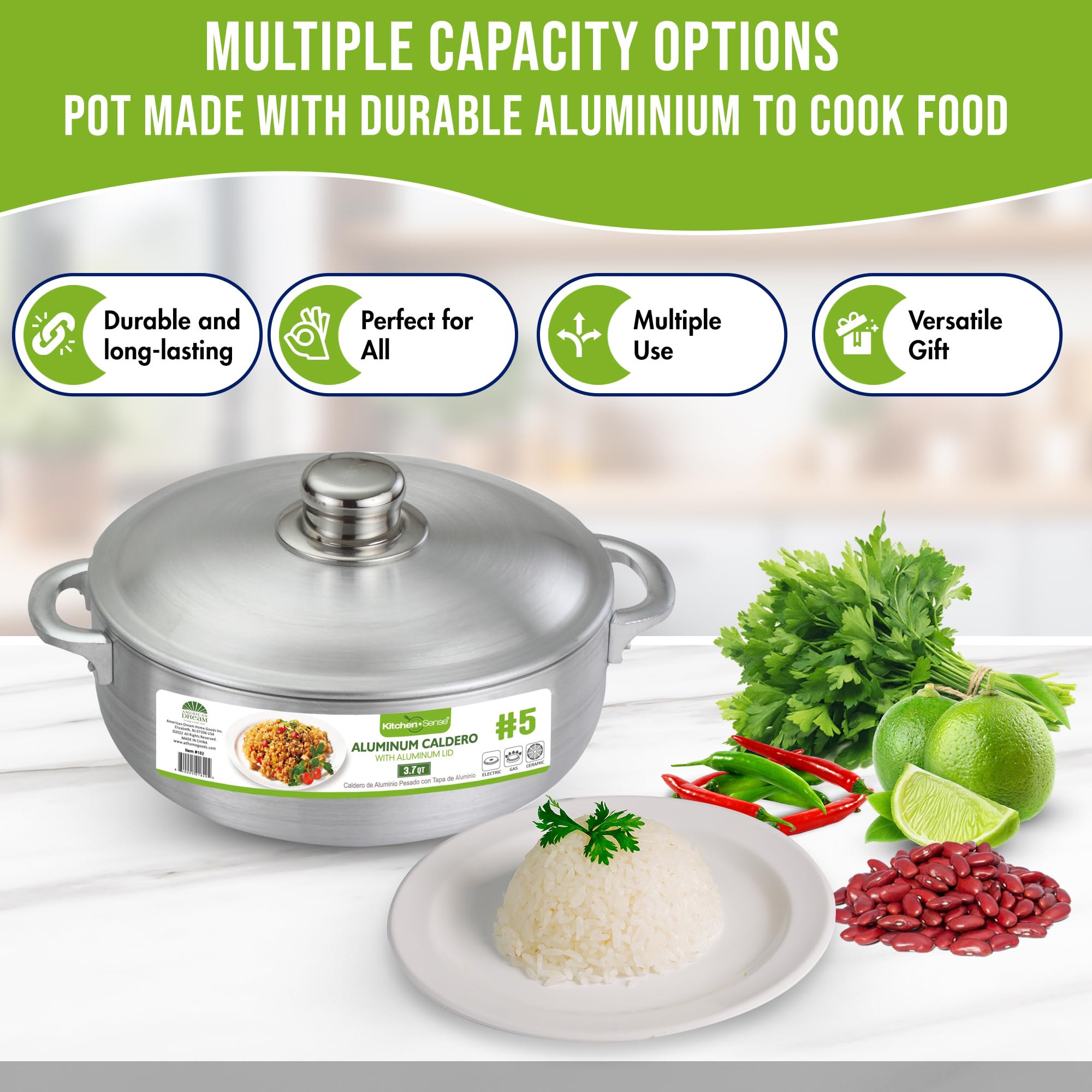Kitchen Sense 3.7 Quart Aluminum Dutch Oven with Lid - Nonstick Caldero Pot for Stewing, Braising, Boiling Rice & Large Meals | Perfect for Spanish & Puerto Rican Cuisine | Ideal for Family Dinners, Camping & Traditional Cooking