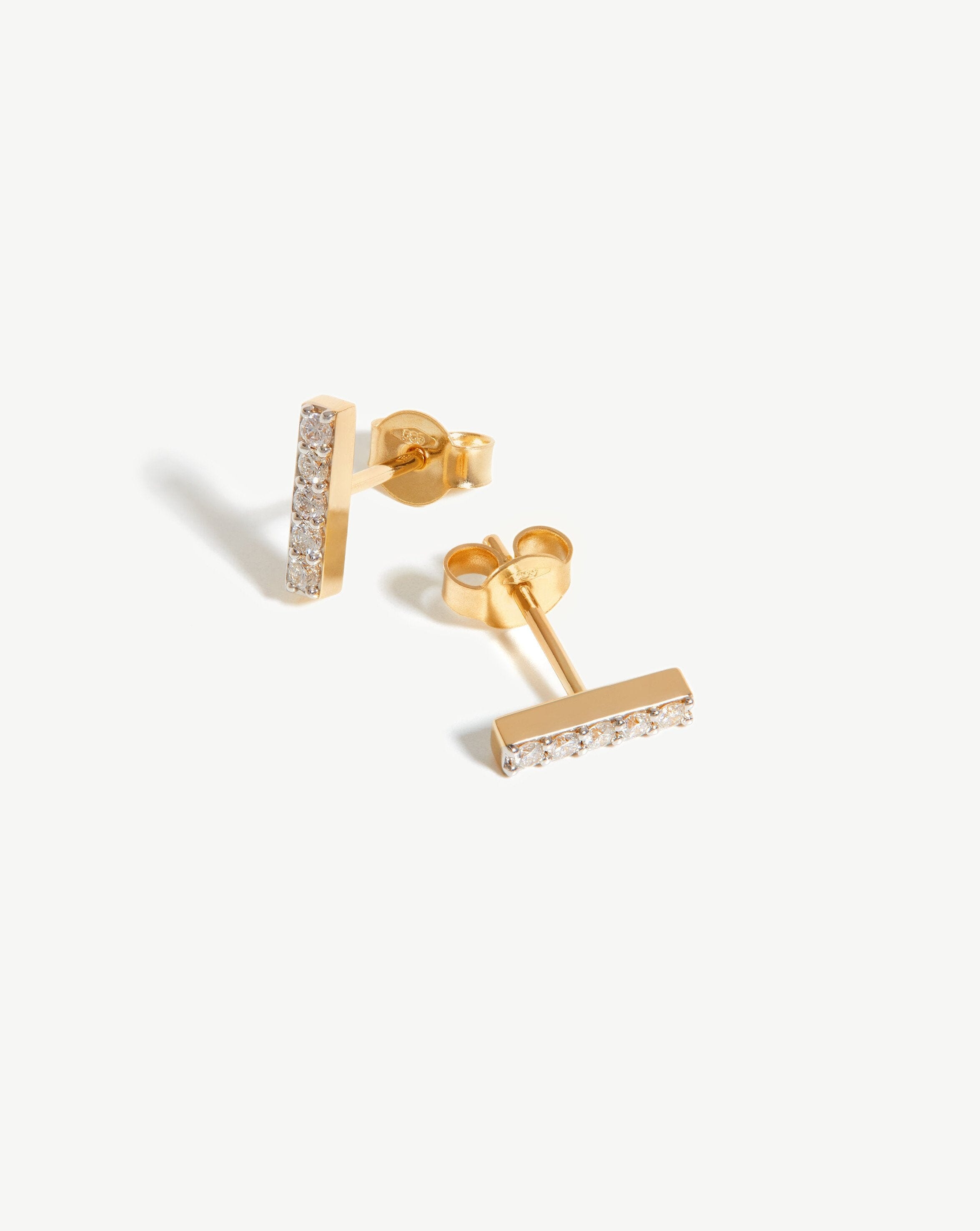 14K Solid Gold Diamond Stud Earrings for Women - Dainty Bar Shape Earrings for Everyday Wear, Gift Giving & Special Occasions