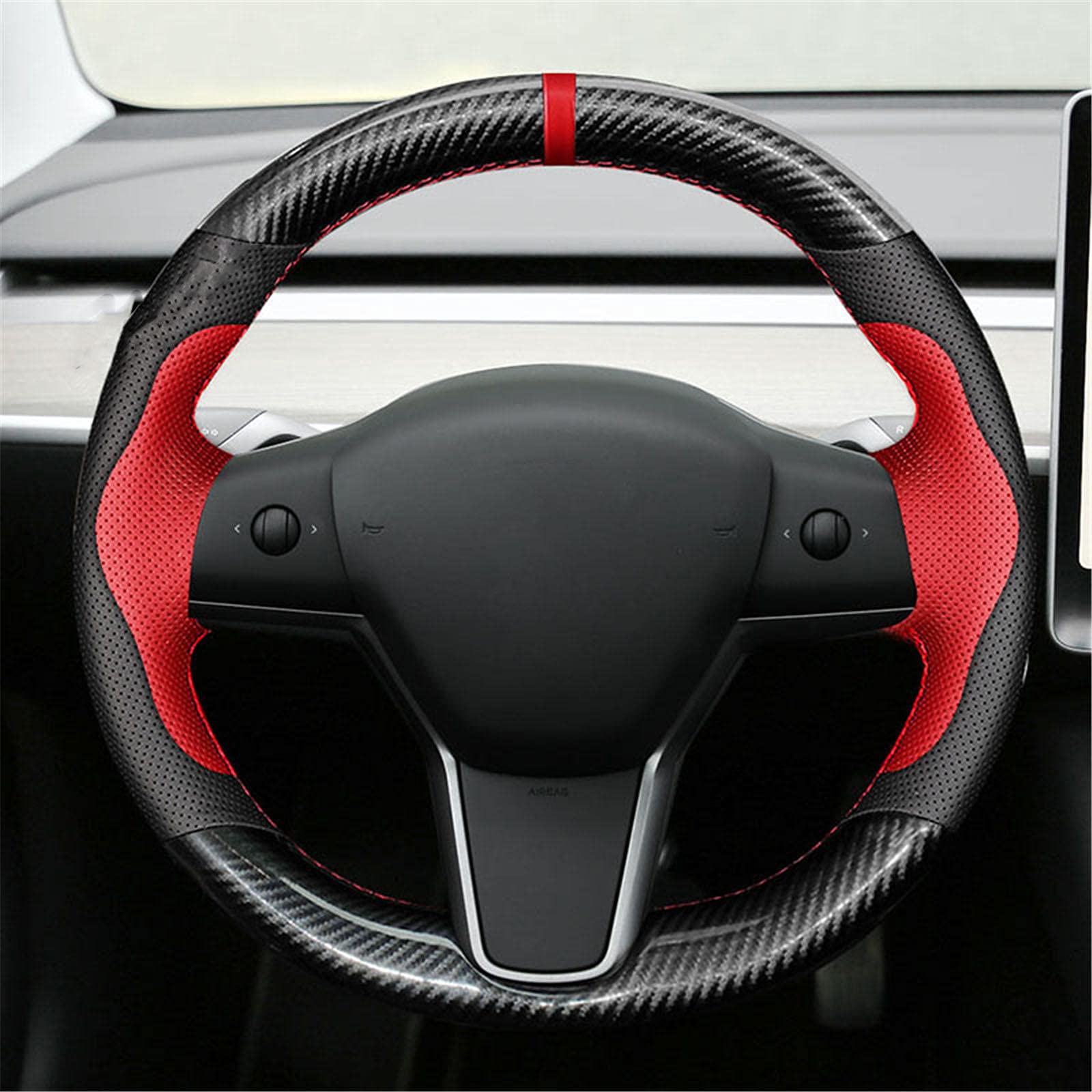 Premium SAXTZDS Hand-Sewn Steering Wheel Cover for Tesla Model 3 (2017-2021) - Genuine Leather, Non-Slip Grip - Perfect for Commuting, Road Trips & Enhanced Driving Comfort