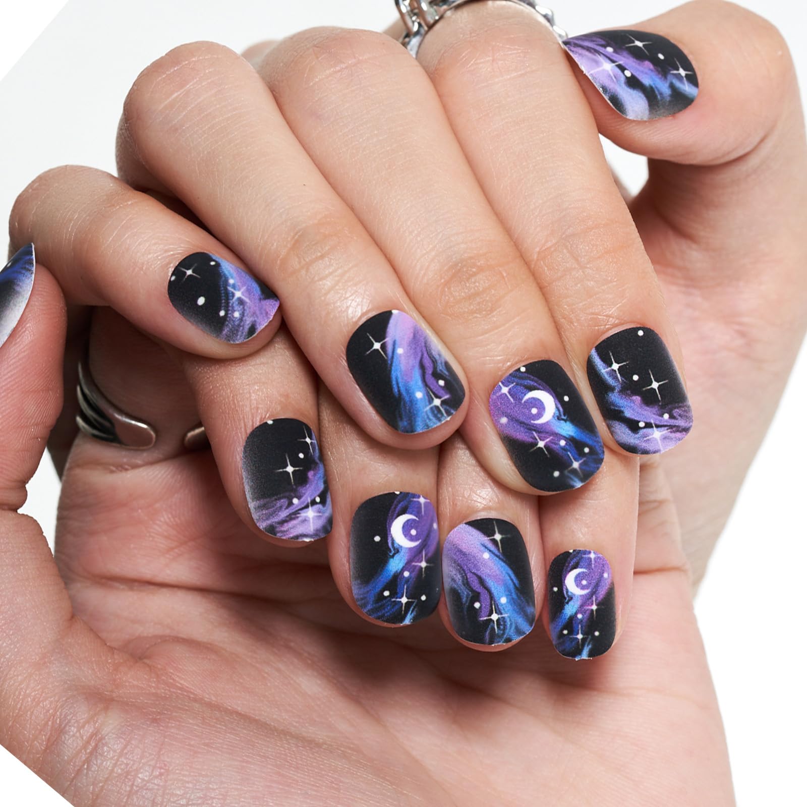 Glamermaid Extra Short Squoval Press On Nails - 24Pcs Matte Round Reusable Fake Nails with Galaxy Purple Mist & Milky Way Gel Glue - UV Finish Acrylic False Nails Manicure Kit for Women | Perfect for Parties, Weddings, and Everyday Glam