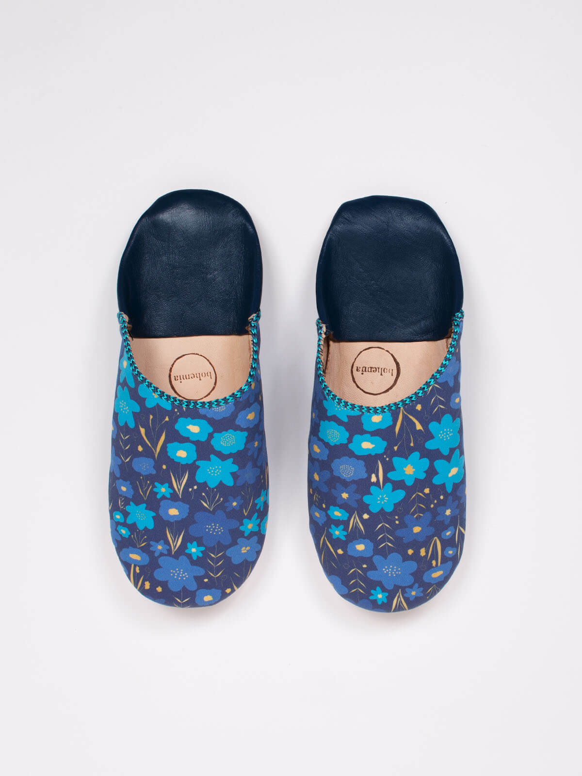 Margot Floral Babouche Slippers for Women - Comfortable Indigo Blue Moroccan Style House Shoes - Perfect for Home, Lounge & Indoor Relaxation