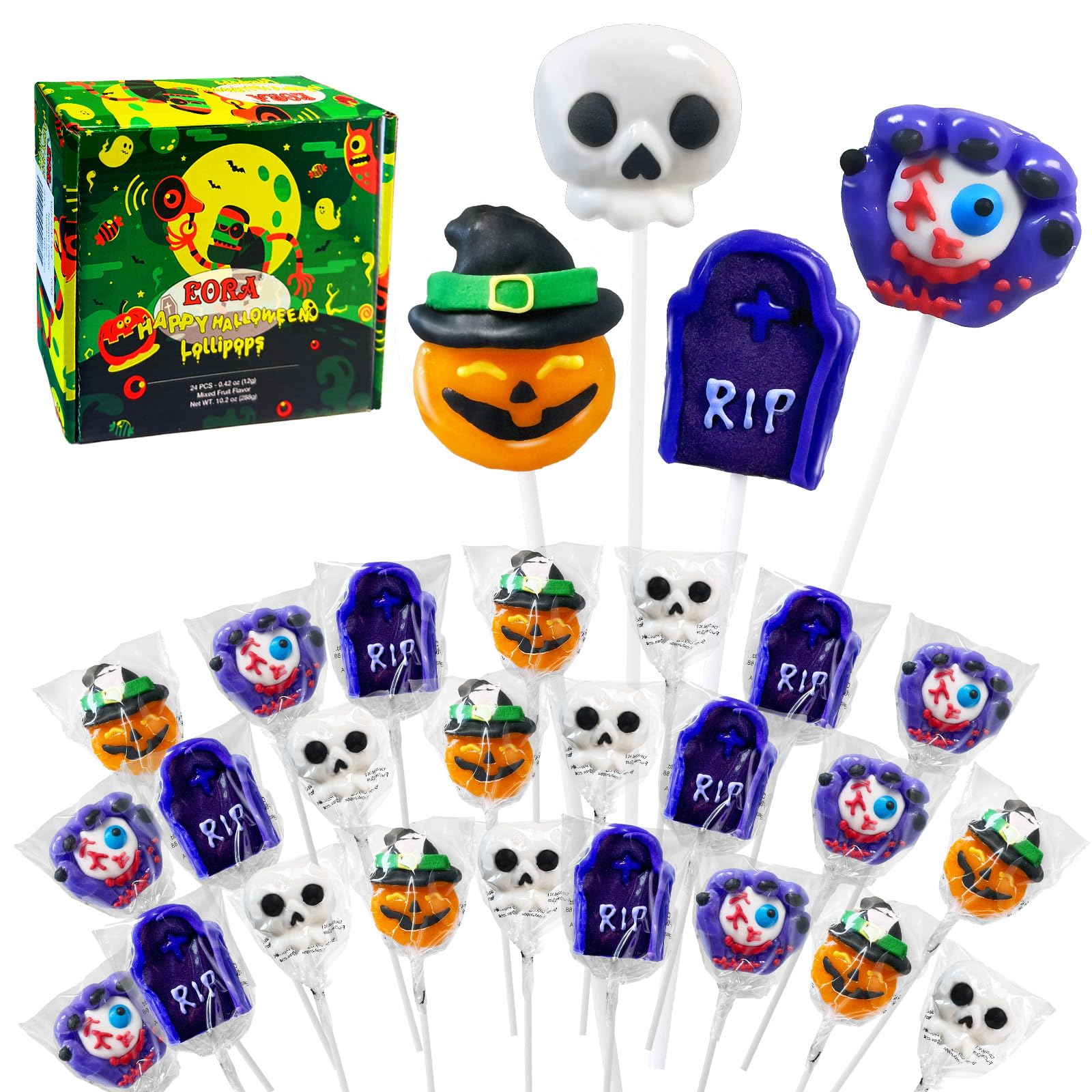Halloween Lollipop Suckers Candy 24 Pack - Spooky Pumpkin, Eyeball & Tombstone Shaped Lollipops - Individually Wrapped for Trick or Treat, Party Favors & Goody Bag Fillers - Perfect for Halloween Parties, Classroom Treats & Haunted House Events