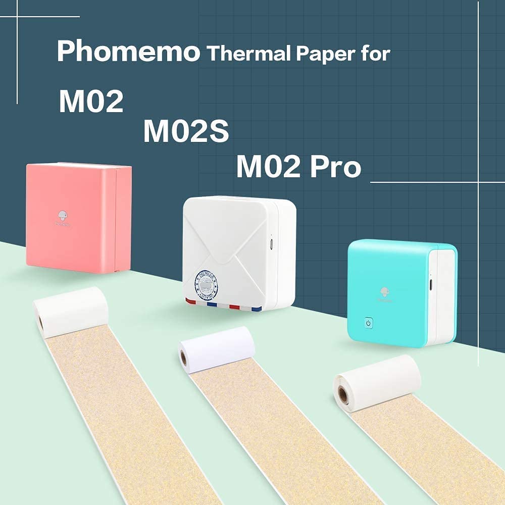 Phomemo M02 Portable Mini Thermal Printer - Wireless Pocket Printer with 3 Rolls Gold Sticker Paper for iPhone & Android | Perfect for Bullet Journaling, Study Notes, DIY Crafts, Office Work & Gift Giving | Compact Bluetooth Printer for Home, School & Travel Use