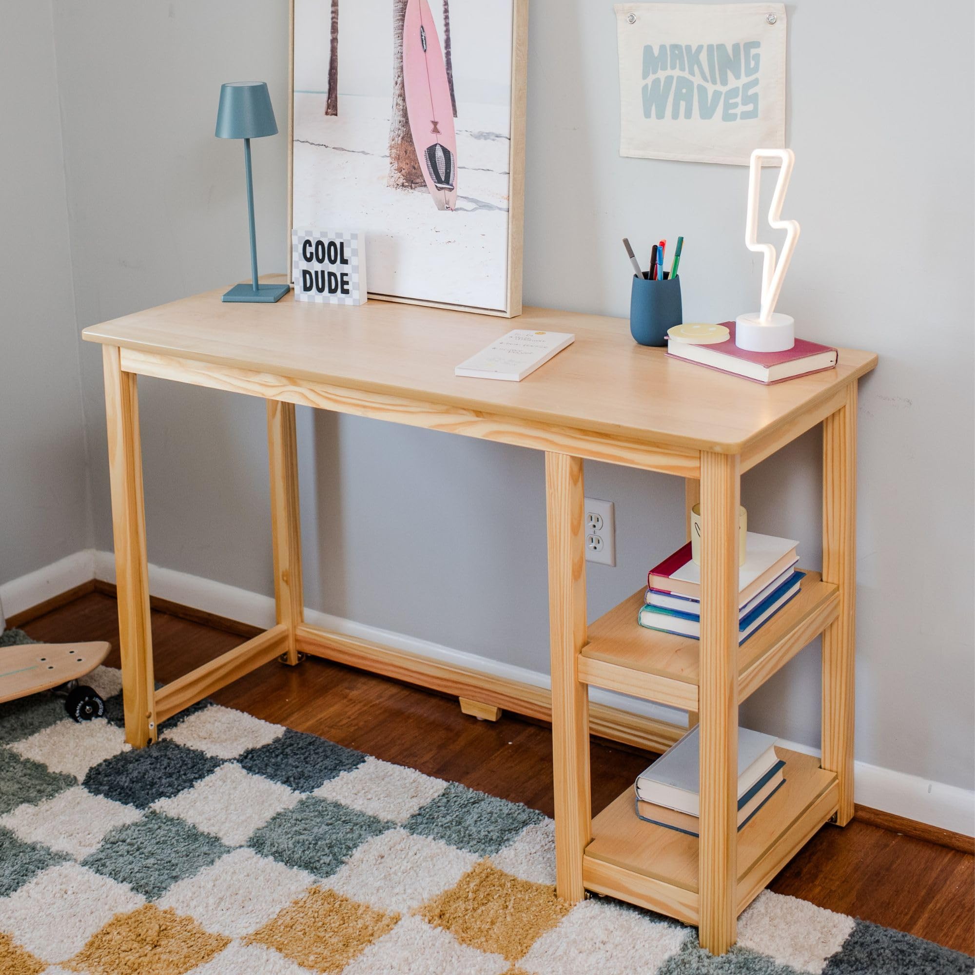 Max & Lily 47-Inch Solid Wood Desk with Shelves - Natural Wood Study Desk for Home Office, Kids Room, and Dorm - Perfect for Studying, Working, and Organizing