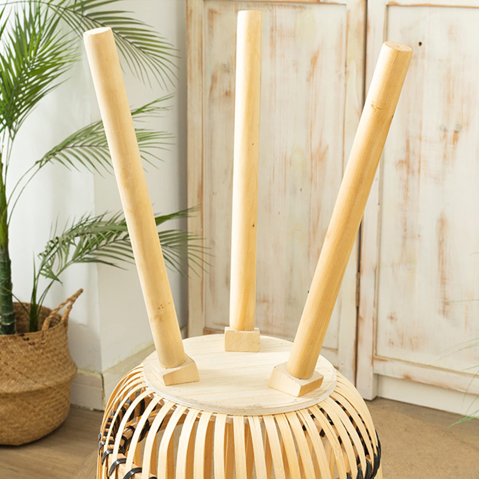 Natural Bamboo Woven Plant Pot Stand with Wooden Legs - Indoor Rattan Basket Flower Pot Holder - Boho Chic Floor Plant Stand for Home Decor, Living Room, Bedroom & Office Display (Khaki, Small)