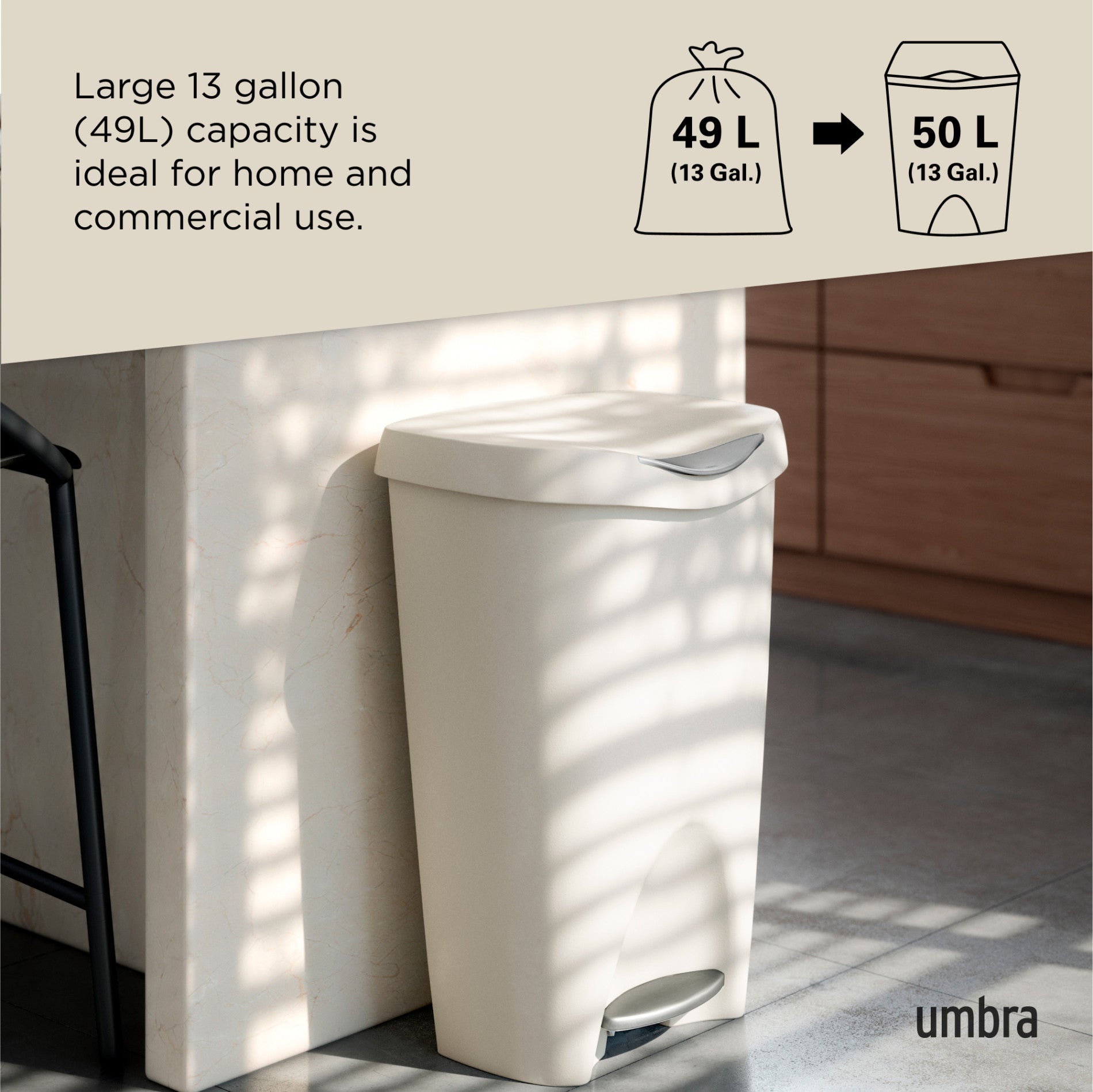 Brim Step On Trash Can - 13 Gallon Stainless Steel Touchless Garbage Bin with Lid, Odor Control Kitchen Wastebasket for Home, Office & Bathroom Use