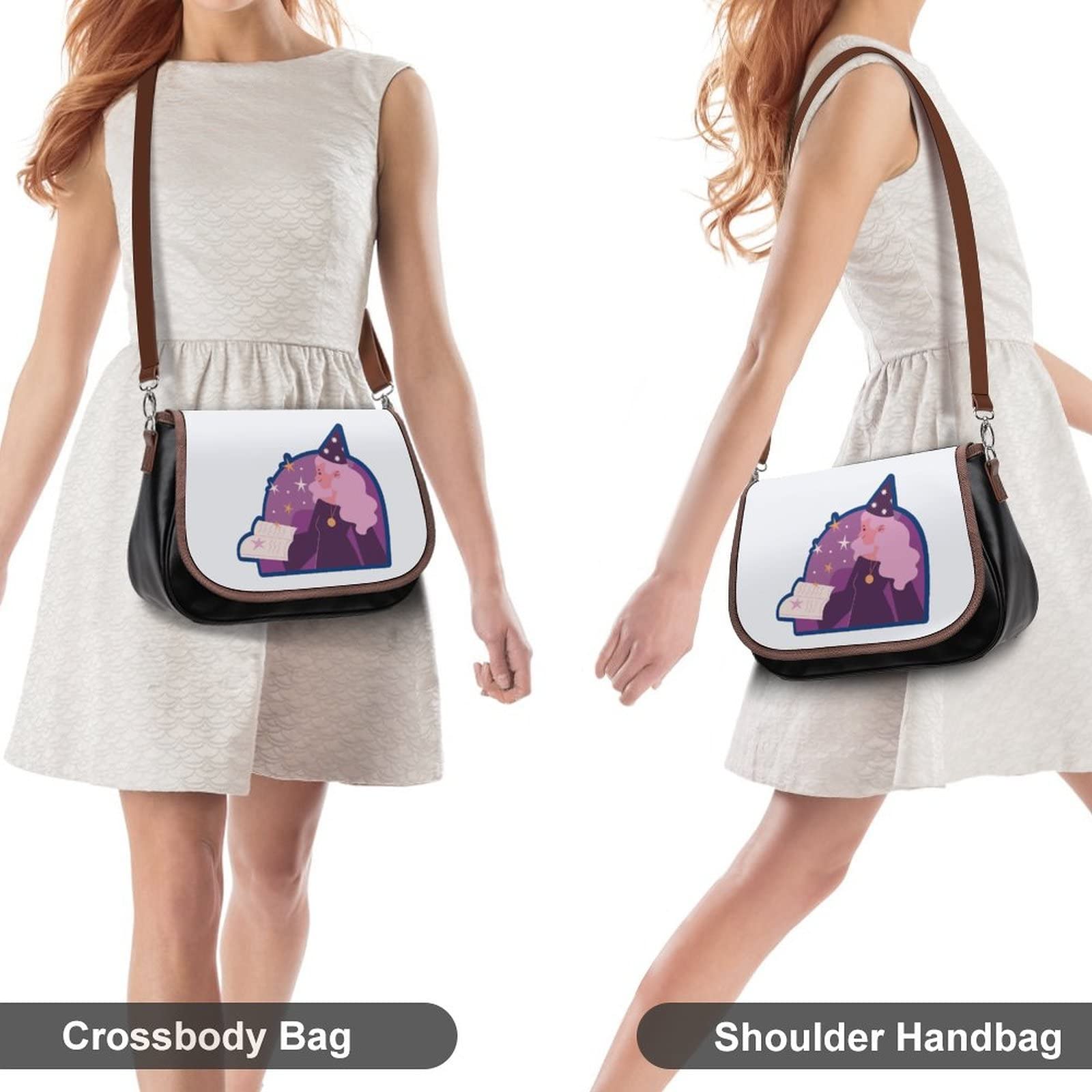 Stylish Leather Crossbody Bags for Women - Designer Shoulder Messenger Purse with Printed Flap & Cute Cartoon Witch Magic Pattern | Perfect for Daily Use, Travel, and Halloween Accessories