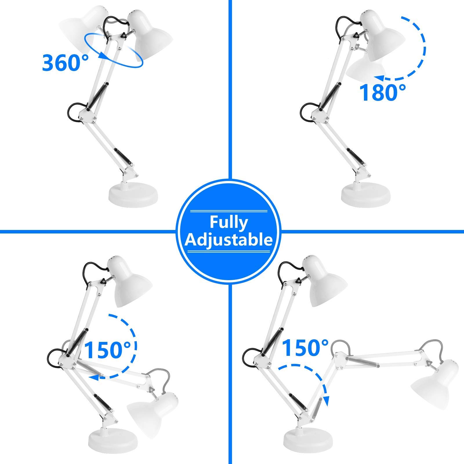 AmeriTop Adjustable Metal Desk Lamp with Interchangeable Base/Clamp & 6-Pack 3000K Warm White A19 LED Bulbs - Perfect for Home Office, Study, Reading, and Bedroom Lighting