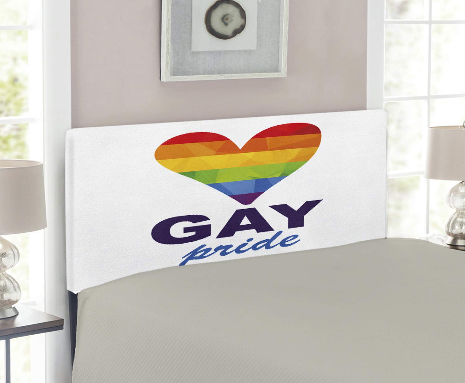 Ambesonne Pride Headboard - Polygonal Rainbow Heart LGBT Love Design, Upholstered Decorative Metal Bed Frame with Memory Foam, Twin Size, Multicolor - Perfect for LGBTQ+ Bedroom Decor & Pride-Themed Rooms