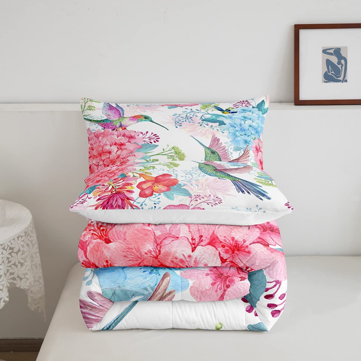 Feelyou Hummingbird Comforter Set - Tropical Birds & Blossoming Iris Flowers Duvet Cover, Pink Bedding for Kids Boys Girls, King Size - Perfect for Nursery, Bedroom Decor & Gift