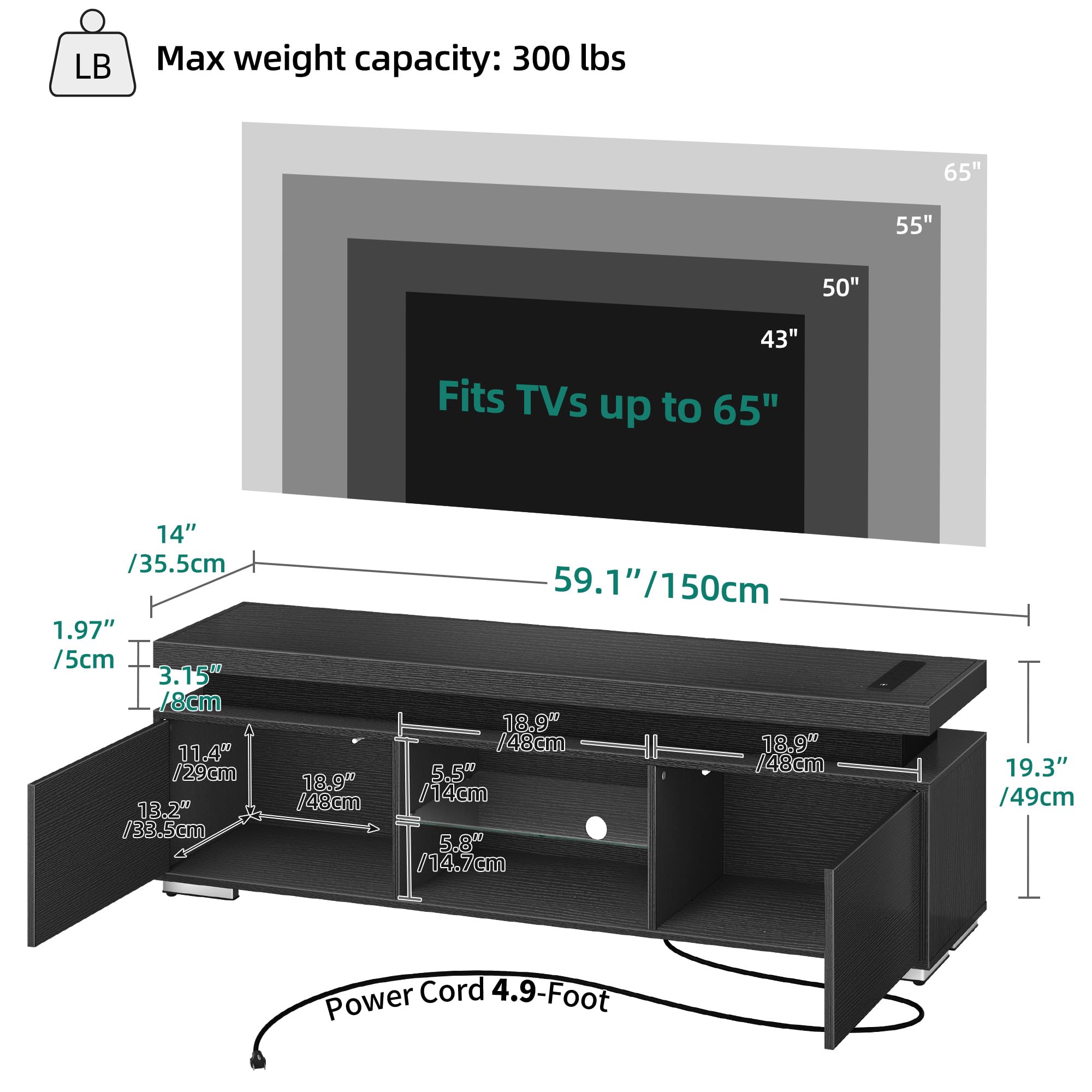 YITAHOME Modern TV Stand for 50-65 Inch TVs - Wood Entertainment Center with Power Outlets & LED Lighting - Living Room Media Console with Storage - Perfect for Gaming & Home Theater Setup