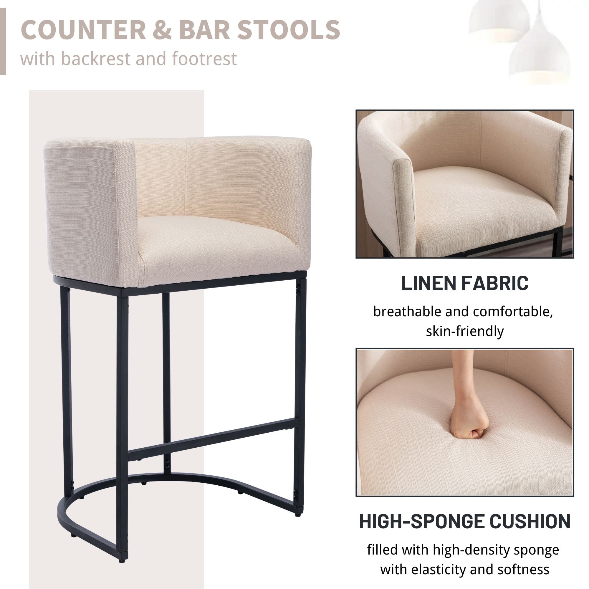 Modern Cream Linen Bar Stools Set of 2 - 29