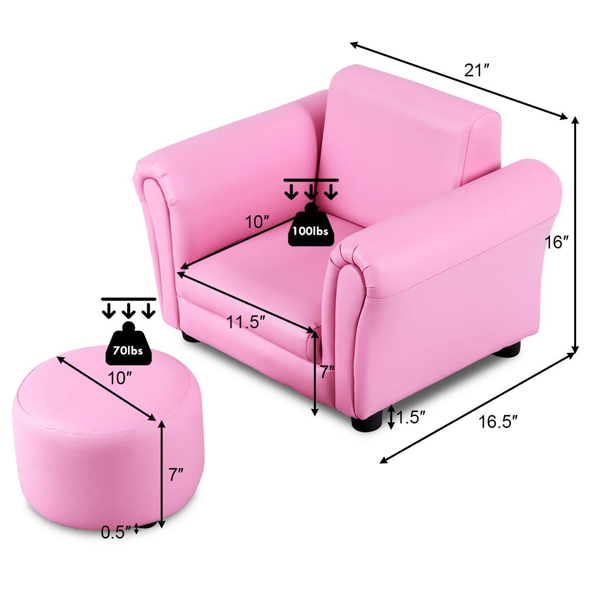 Costzon Kids Couch with Footstool - ASTM & CPSIA Certified Toddler Sofa, 100LBS Weight Capacity, Pink Armchair with Armrest & Backrest - Perfect for Playroom, Nursery, or as Birthday Gift for Baby Girls