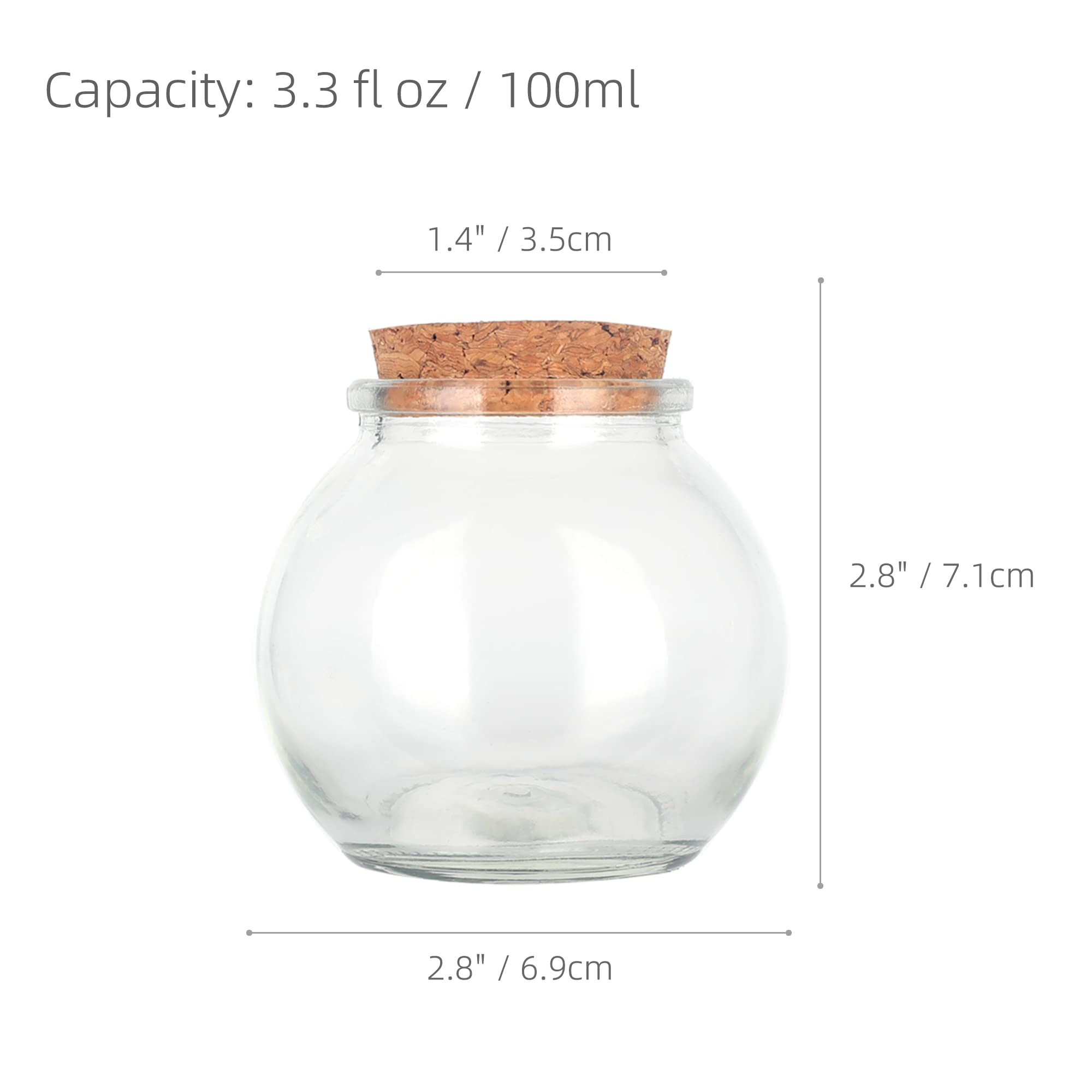 Magic Season Decorative Glass Bottles with Cork Stoppers - 6 Pack 3.3 fl oz Spherical Bottles for Essential Oils, DIY Crafts, Wedding Favors & Home Decor