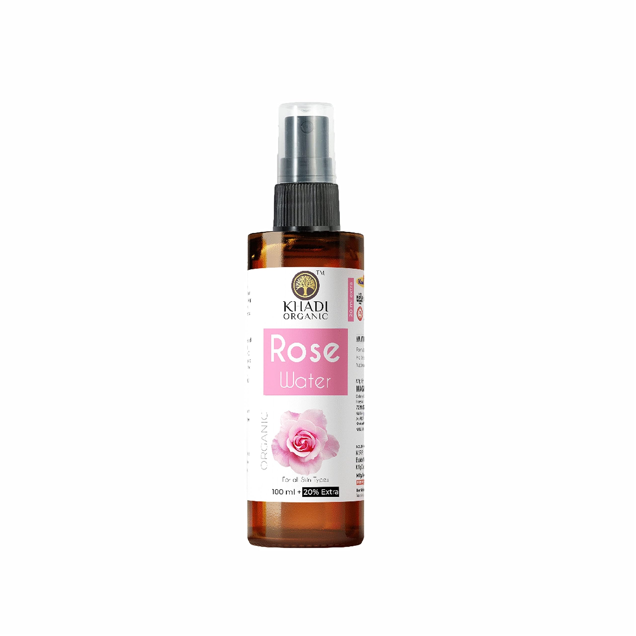 Khadi Organic Rose Water Spray for Face & Skin - 100% Pure Ayurvedic Gulab Jal Rosewater Toner | Steam Distilled in Kannauj | Natural Skin Hydration & Refreshment (120ml) - Perfect for Daily Skincare Routine, Makeup Setting & Summer Cooling Mist