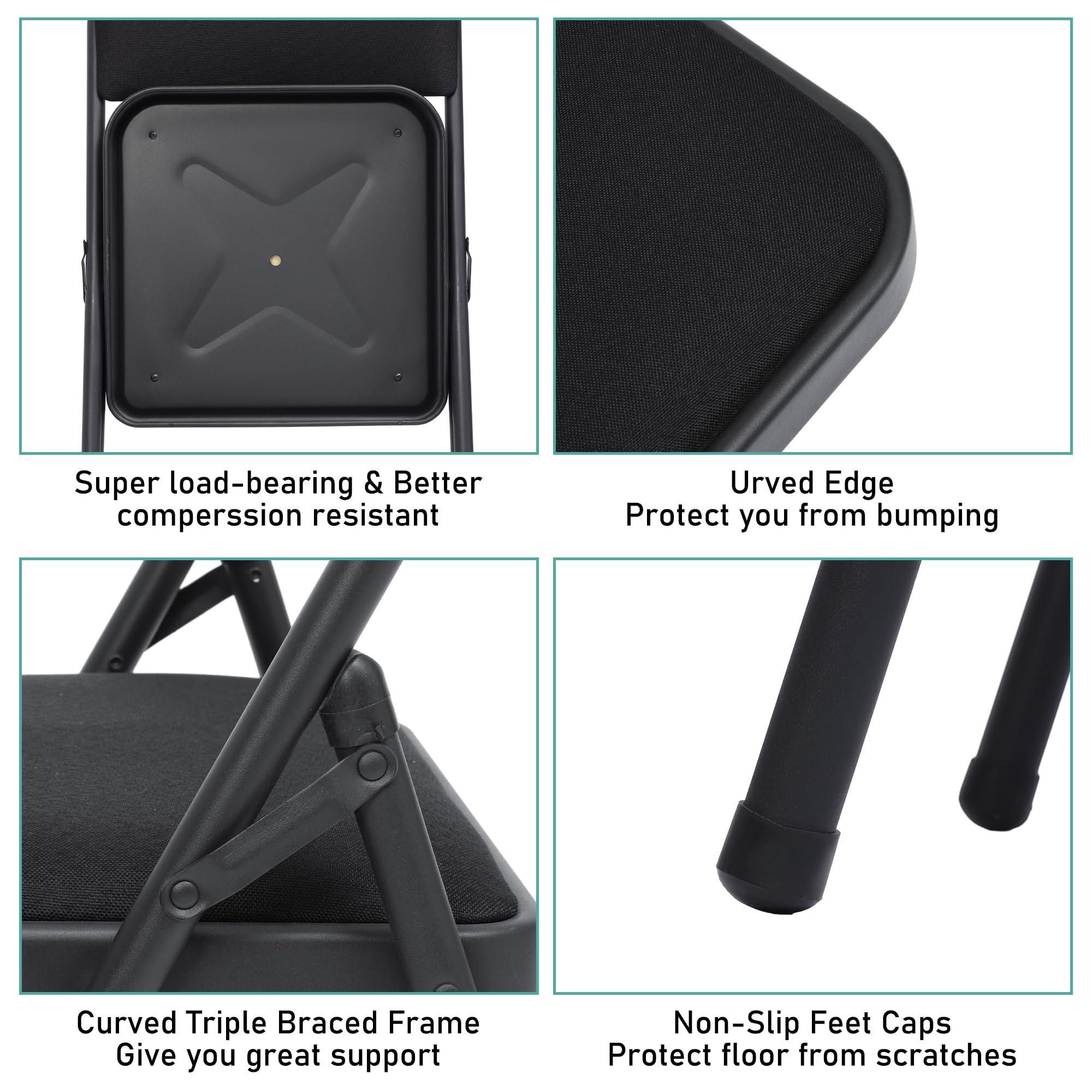 6 Pack Black Folding Chairs with Padded Seat & Back - Stackable Fabric Dining Chairs for Home, Office, Wedding - Portable Commercial Foldable Chairs for Indoor & Outdoor Events - Perfect for Parties, Banquets, Picnics and Camping
