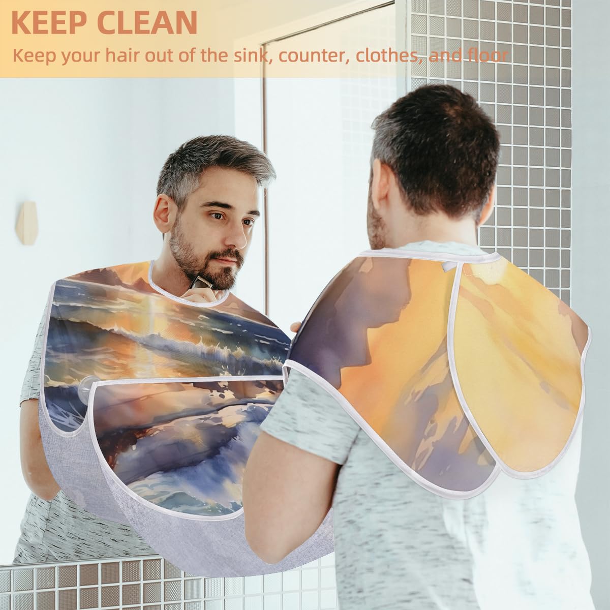 Men's Sea Sunset Beach Beard Shaving Bib - Waterproof Hair Dye Apron for Barbers & Stylists, Sink Hair Catcher for Beard Trimming & Lineup - Perfect Salon & Home Grooming Accessory (Great Gift for Dad & Husband)